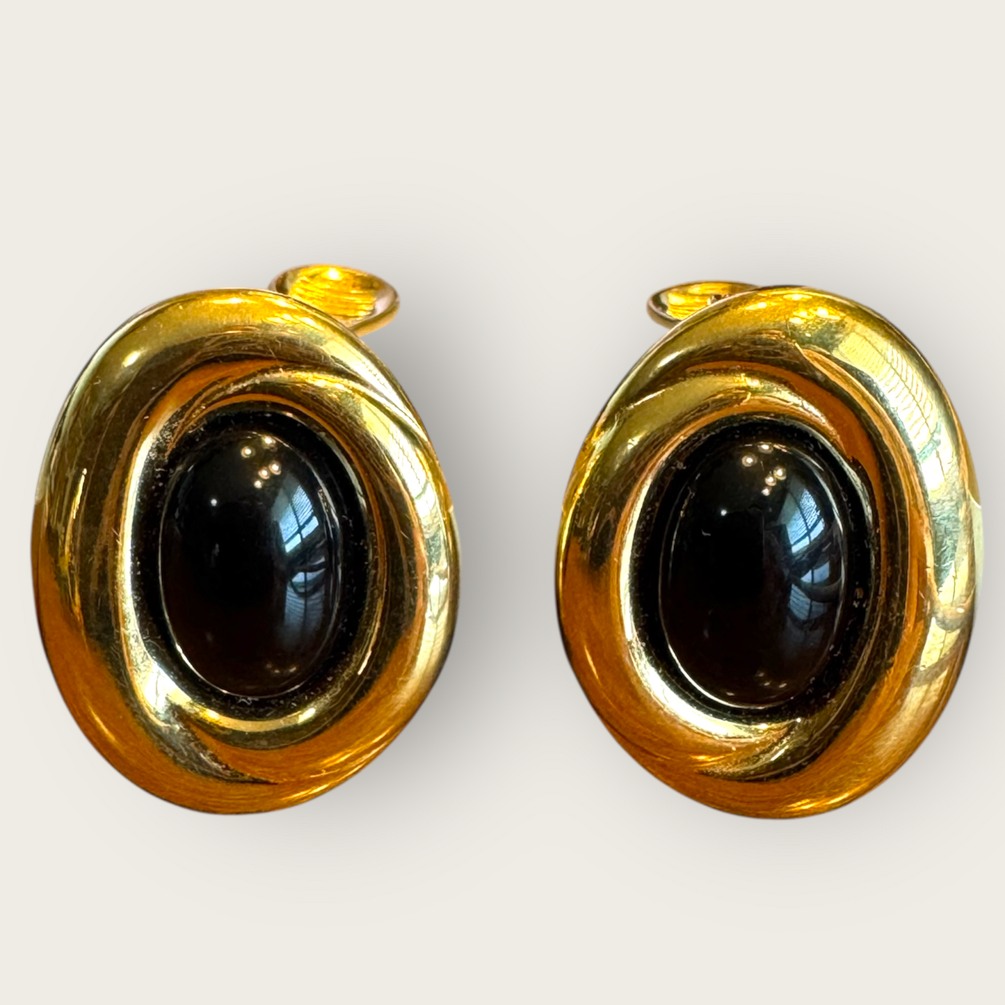 Vintage Monet Black Cabochon & Gold-Tone Oval Clip-On Earrings