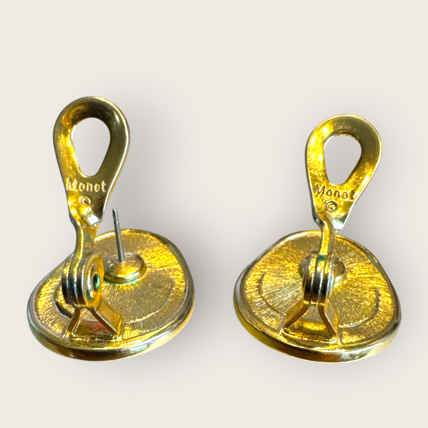 Vintage Monet Cream & Black Enamel Oval Earrings – Post Back with Articulated Top