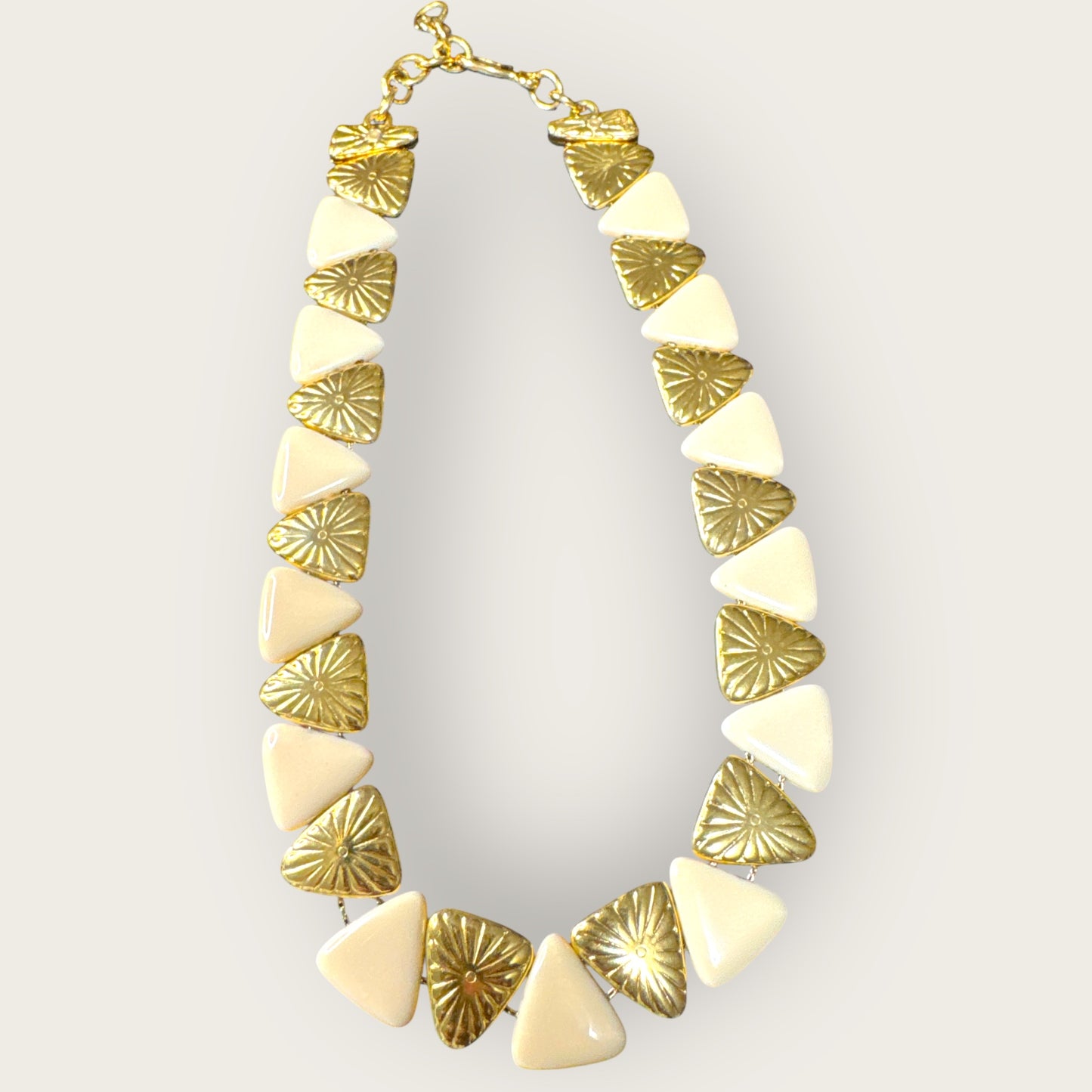 Vintage Monet Cream Lucite & Gold Tone Reversible Triangle Statement Necklace – Articulated, Signed