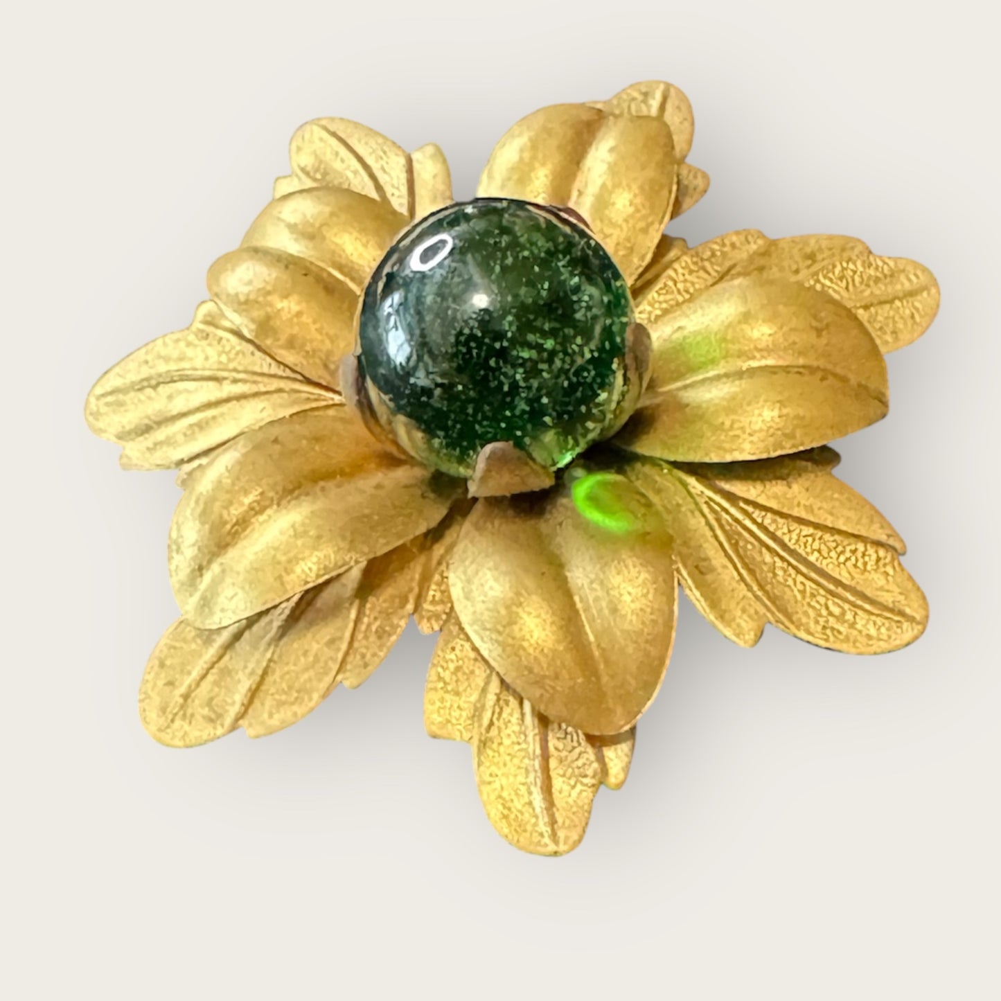 Vintage Brass Floral Brooch with Dark Green Glass Cabochon – Layered Petal Design, Repaired