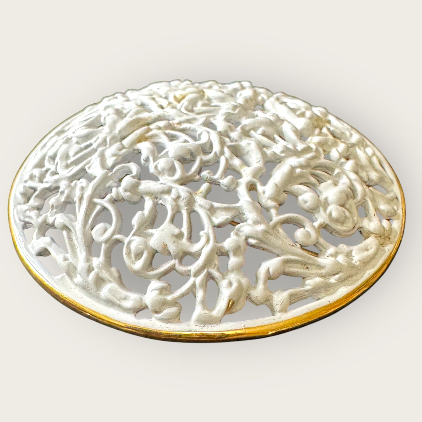 Vintage Napier Domed Scrollwork Brooch – White Enamel with Gold Accents, Signed, 2.25”