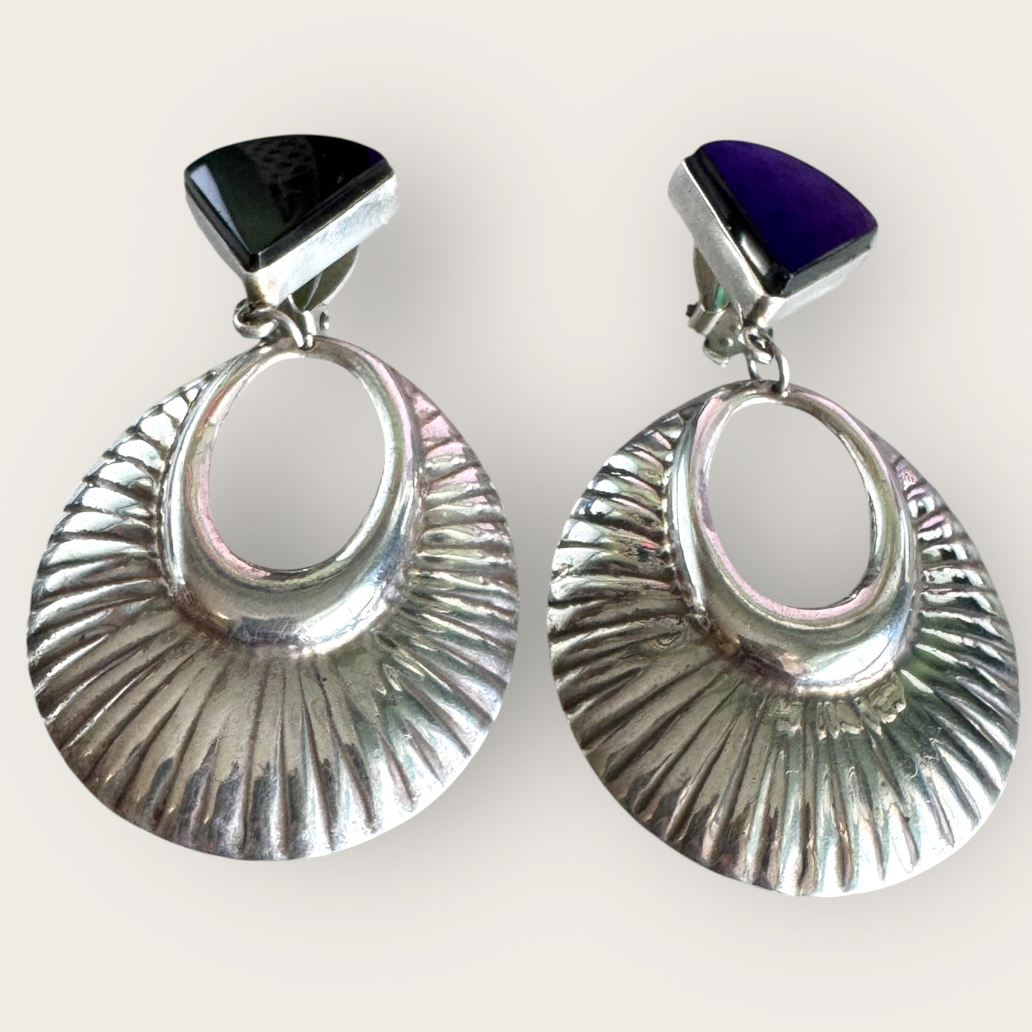Vintage Taxco Mexico Sterling Silver Clip-On Earrings – TR-95 Signed, Black Quartz Triangle Dangles