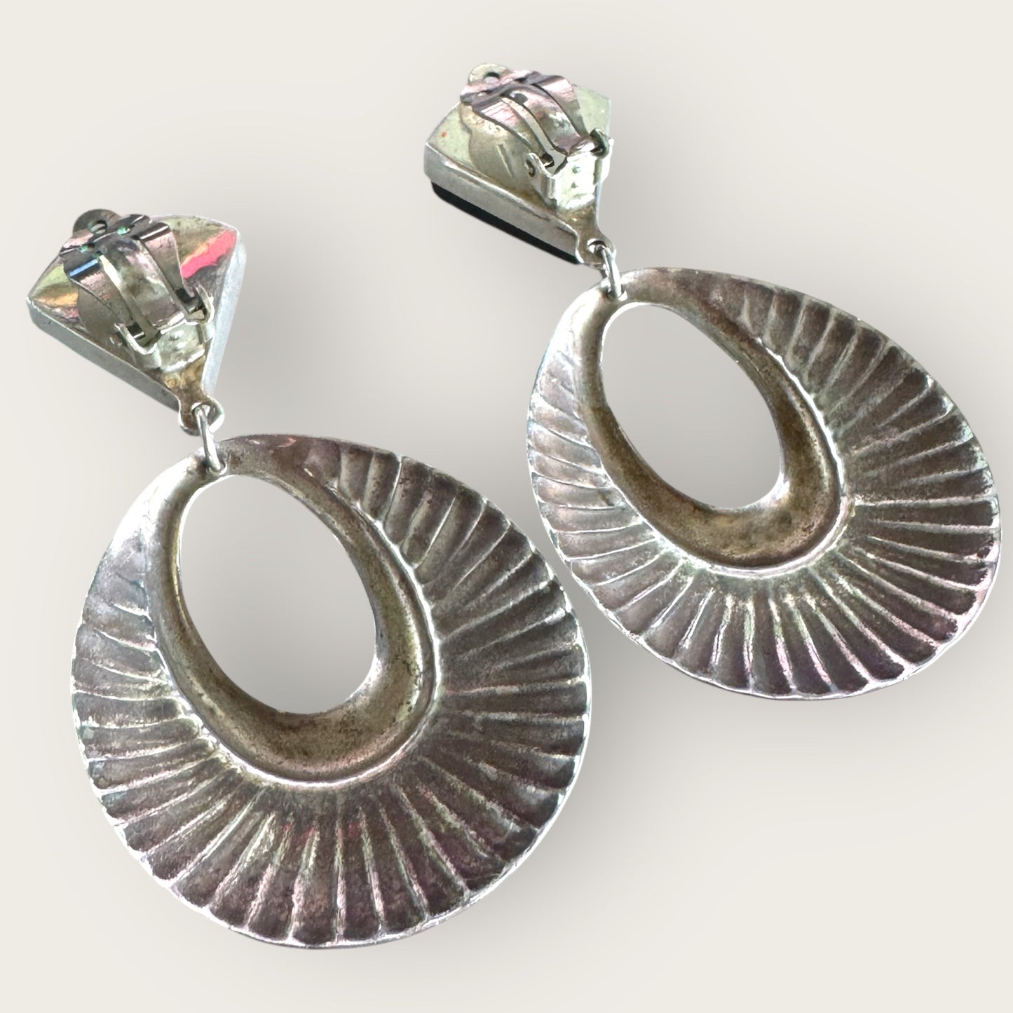 Vintage Taxco Mexico Sterling Silver Clip-On Earrings – TR-95 Signed, Black Quartz Triangle Dangles
