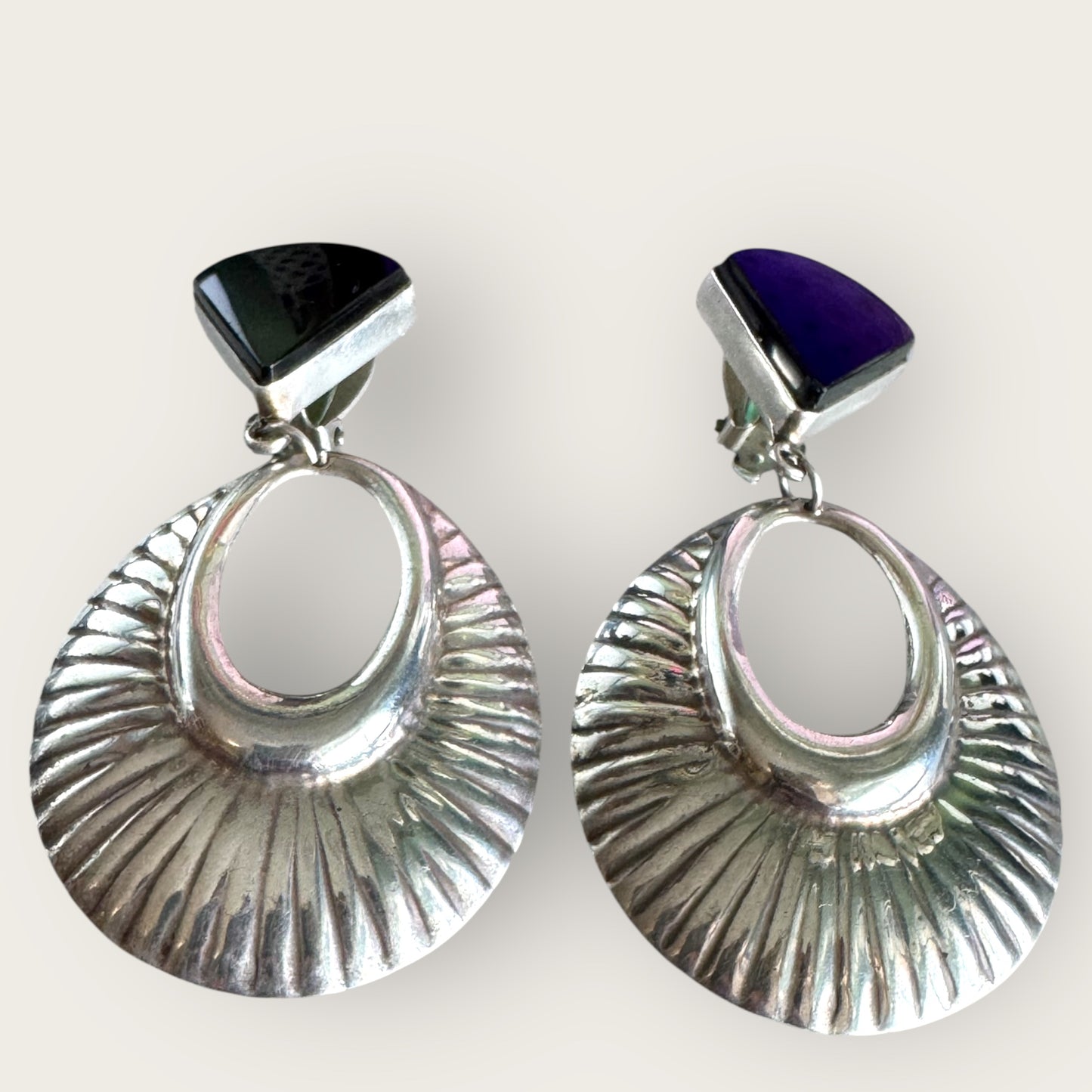 Vintage Taxco Mexico Sterling Silver Clip-On Earrings – TR-95 Signed, Black Quartz Triangle Dangles