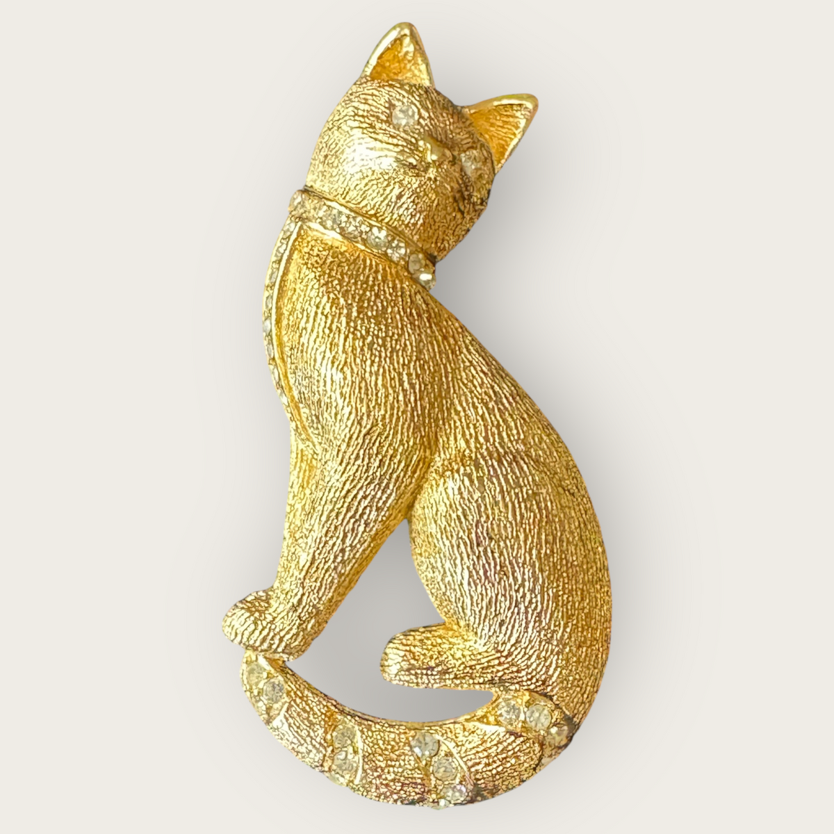 Vintage Christian Dior Couture Gold Cat Brooch with Crystal Accents – Signed Designer Statement Jewelry