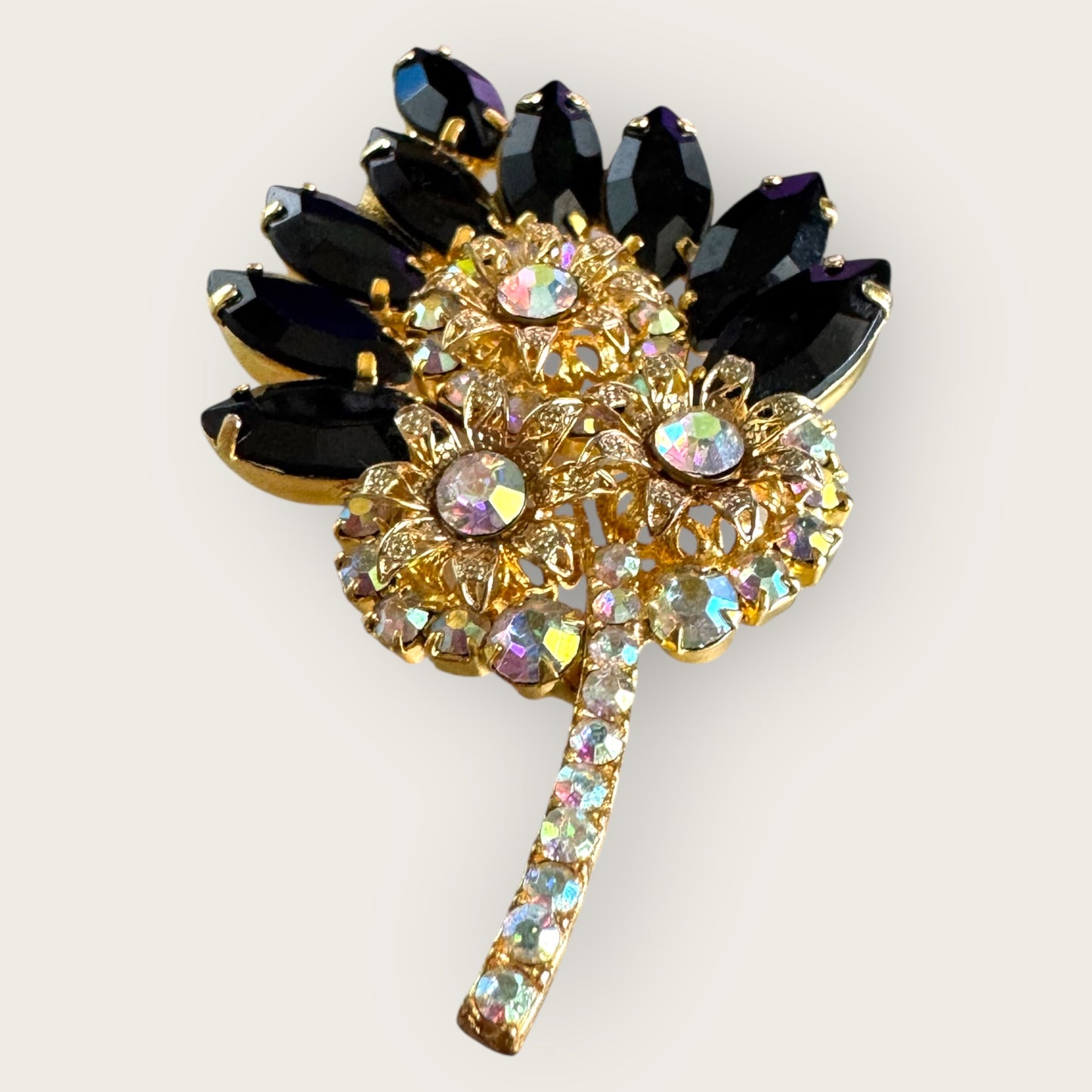 Verified Juliana Delizza & Elster Black Navette & AB Rhinestone Floral Leaf Brooch