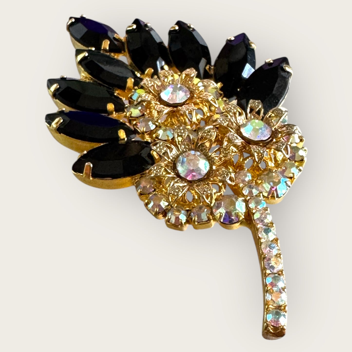 Verified Juliana Delizza & Elster Black Navette & AB Rhinestone Floral Leaf Brooch