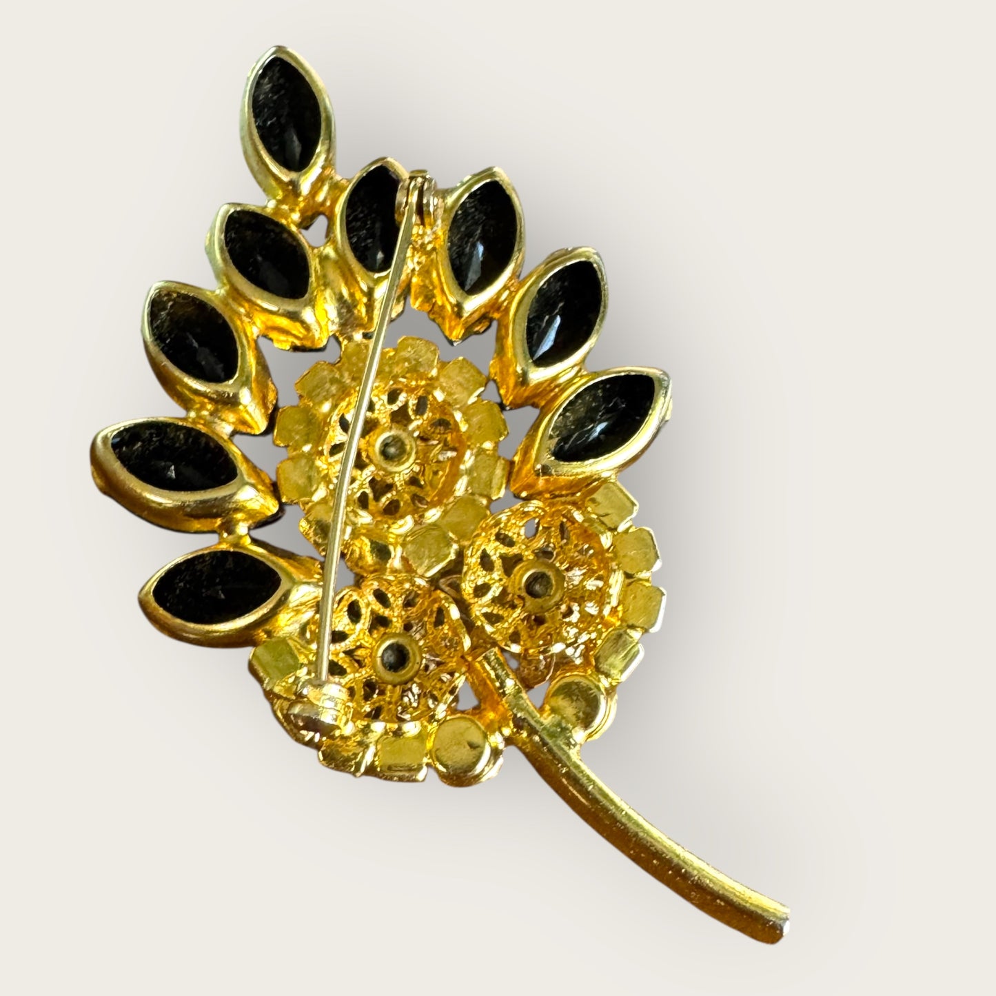 Verified Juliana Delizza & Elster Black Navette & AB Rhinestone Floral Leaf Brooch
