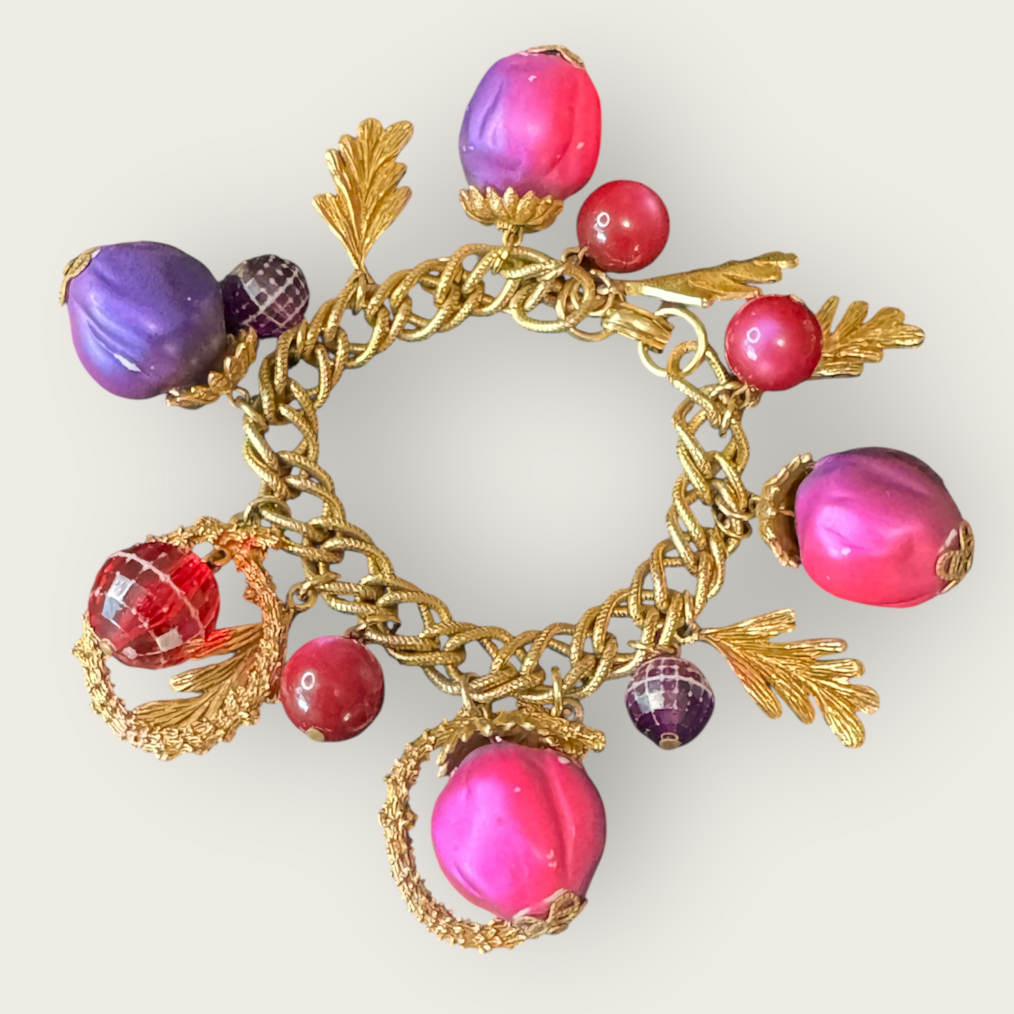 Vintage 1960s–70s Fruit Charm Bracelet with Bold Pink, Purple & Red Beads – 7” Statement Piece