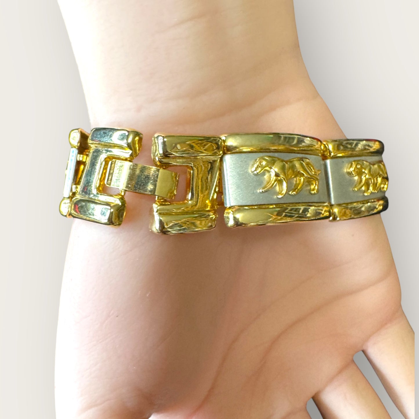 Vintage Two-Tone Panther Link Bracelet – Bold Gold and Silver Statement Piece