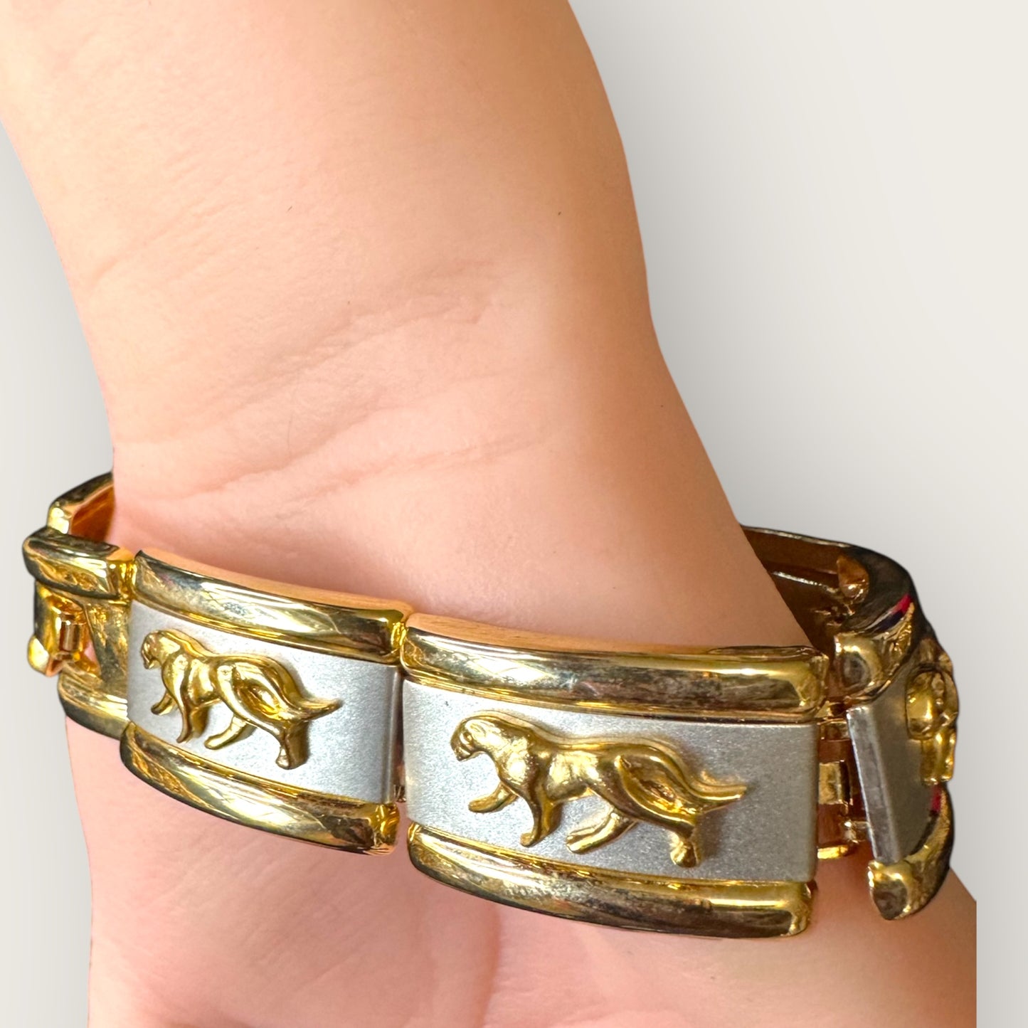 Vintage Two-Tone Panther Link Bracelet – Bold Gold and Silver Statement Piece