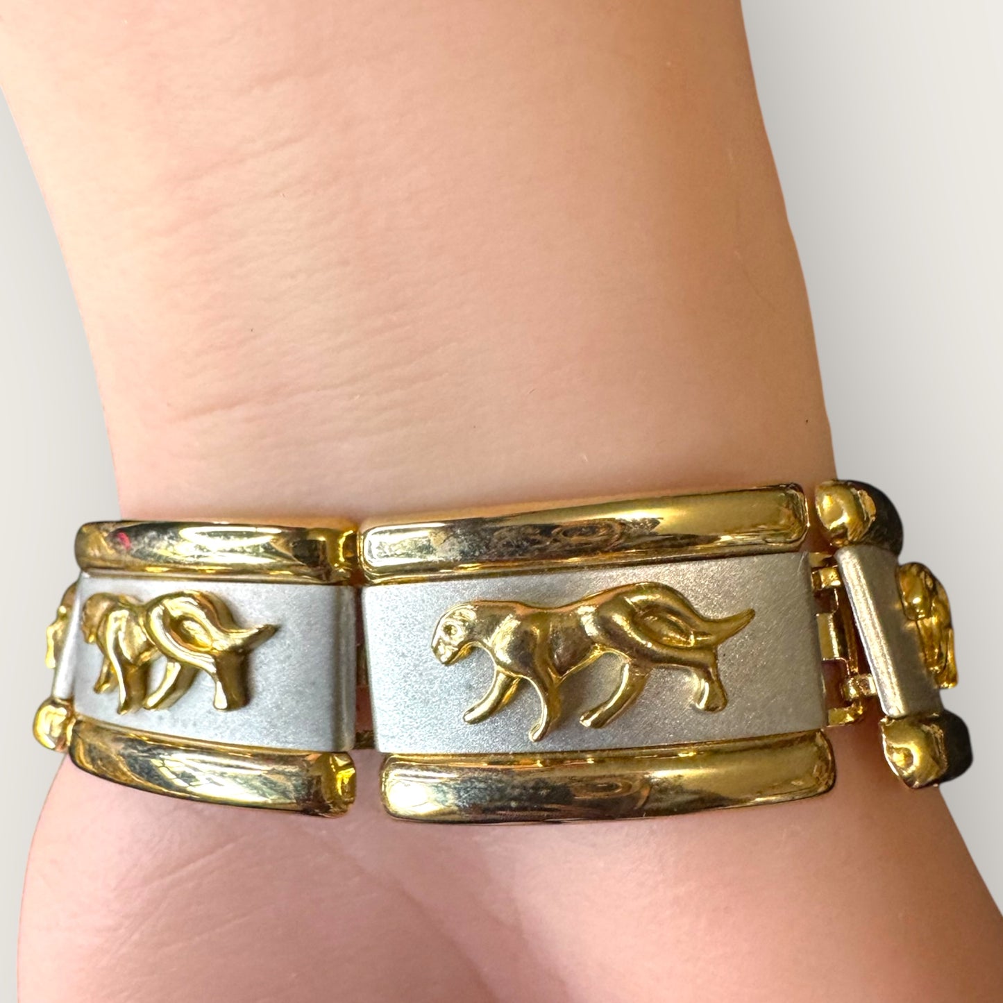 Vintage Two-Tone Panther Link Bracelet – Bold Gold and Silver Statement Piece