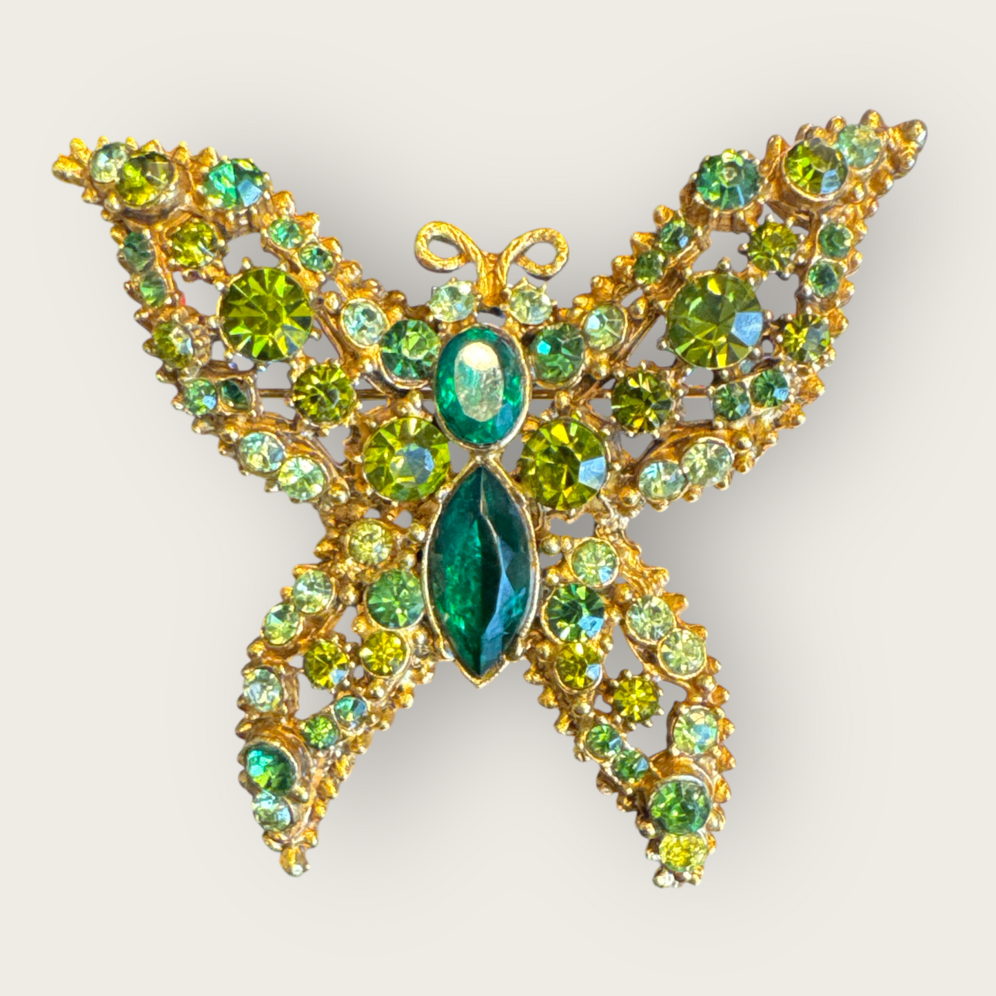 Signed Weiss Vintage Green Butterfly Brooch with Uranium Glass – Heavy Gold Tone Statement Pin | Private Collection