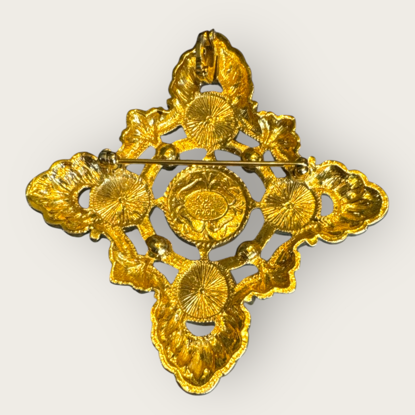 Vintage KJL for Avon Pearl and Rhinestone Brooch Pendant – Ornate Gold-Tone Statement Pin