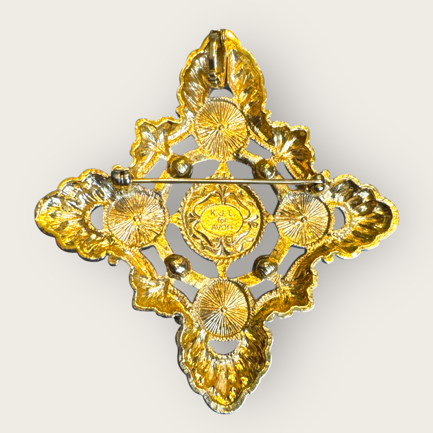 Vintage KJL for Avon Pearl and Rhinestone Brooch Pendant – Ornate Gold-Tone Statement Pin