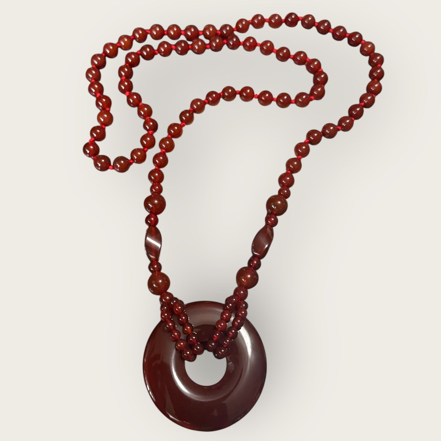 Vintage Carnelian Bi Disk Necklace – Hand-Knotted Gemstone Beads, 35” Long Statement Pendant