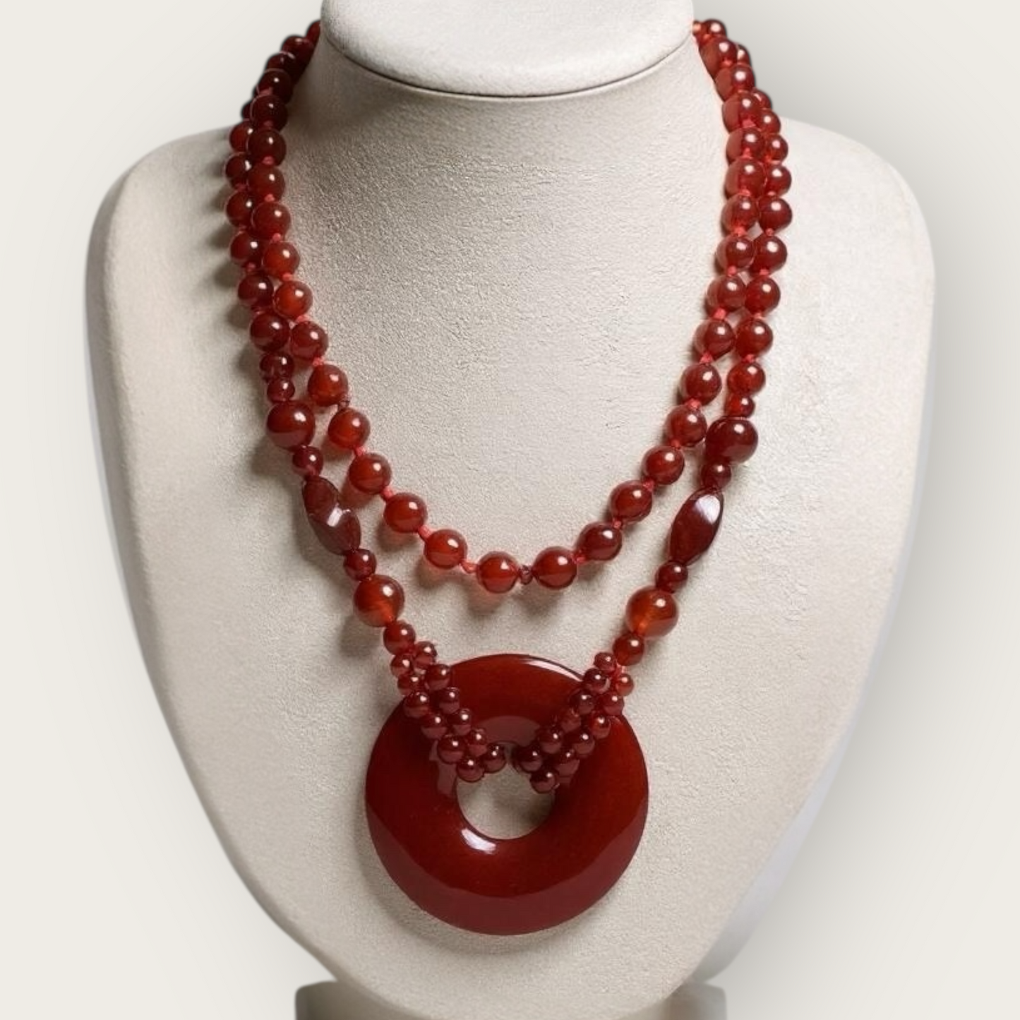 Vintage Carnelian Bi Disk Necklace – Hand-Knotted Gemstone Beads, 35” Long Statement Pendant