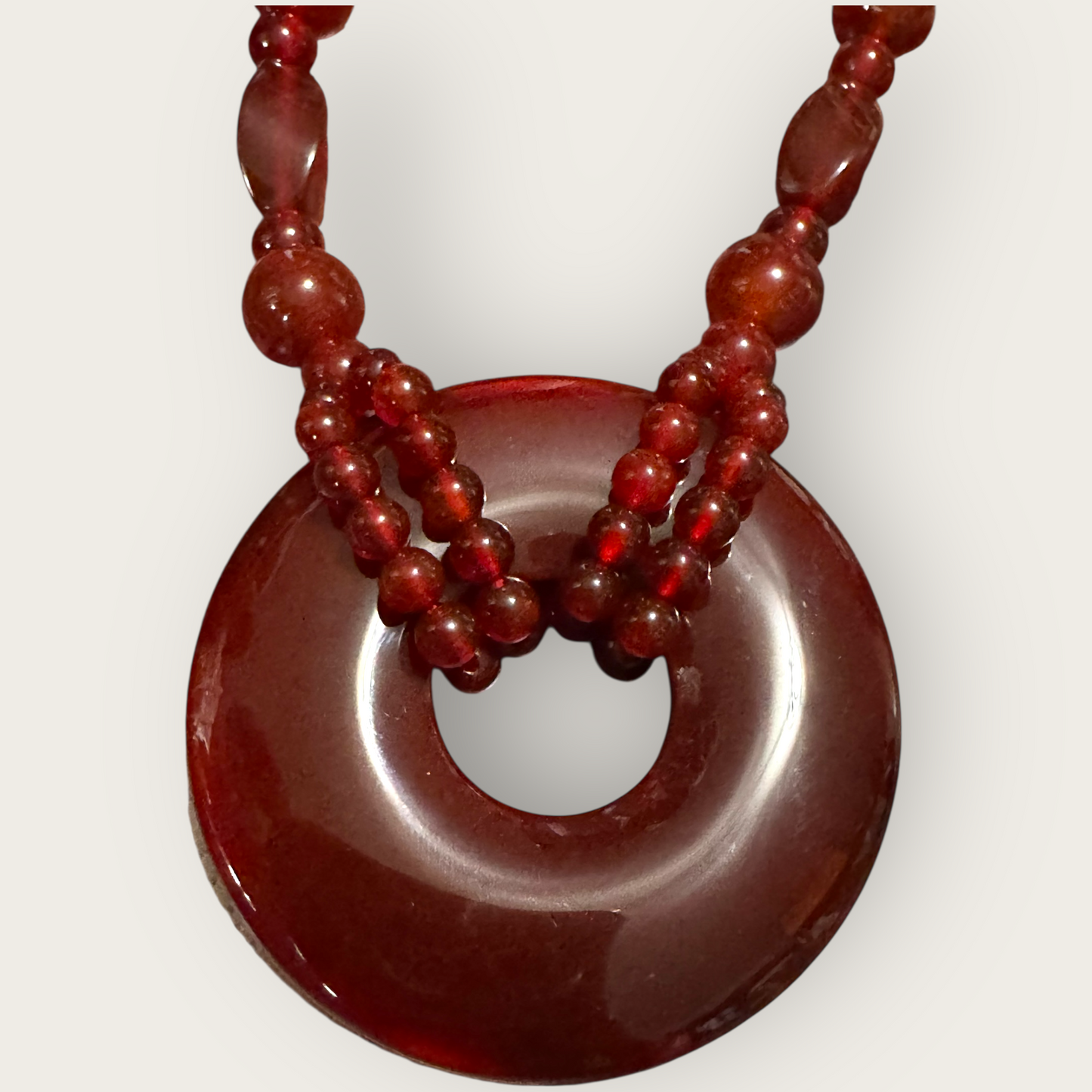 Vintage Carnelian Bi Disk Necklace – Hand-Knotted Gemstone Beads, 35” Long Statement Pendant