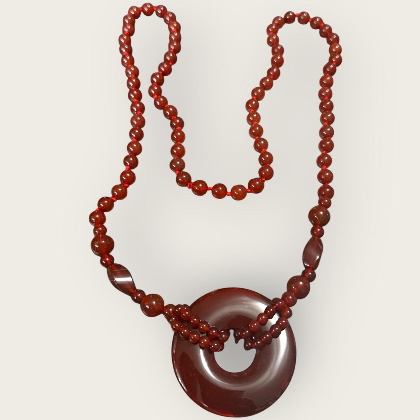 Vintage Carnelian Bi Disk Necklace – Hand-Knotted Gemstone Beads, 35” Long Statement Pendant