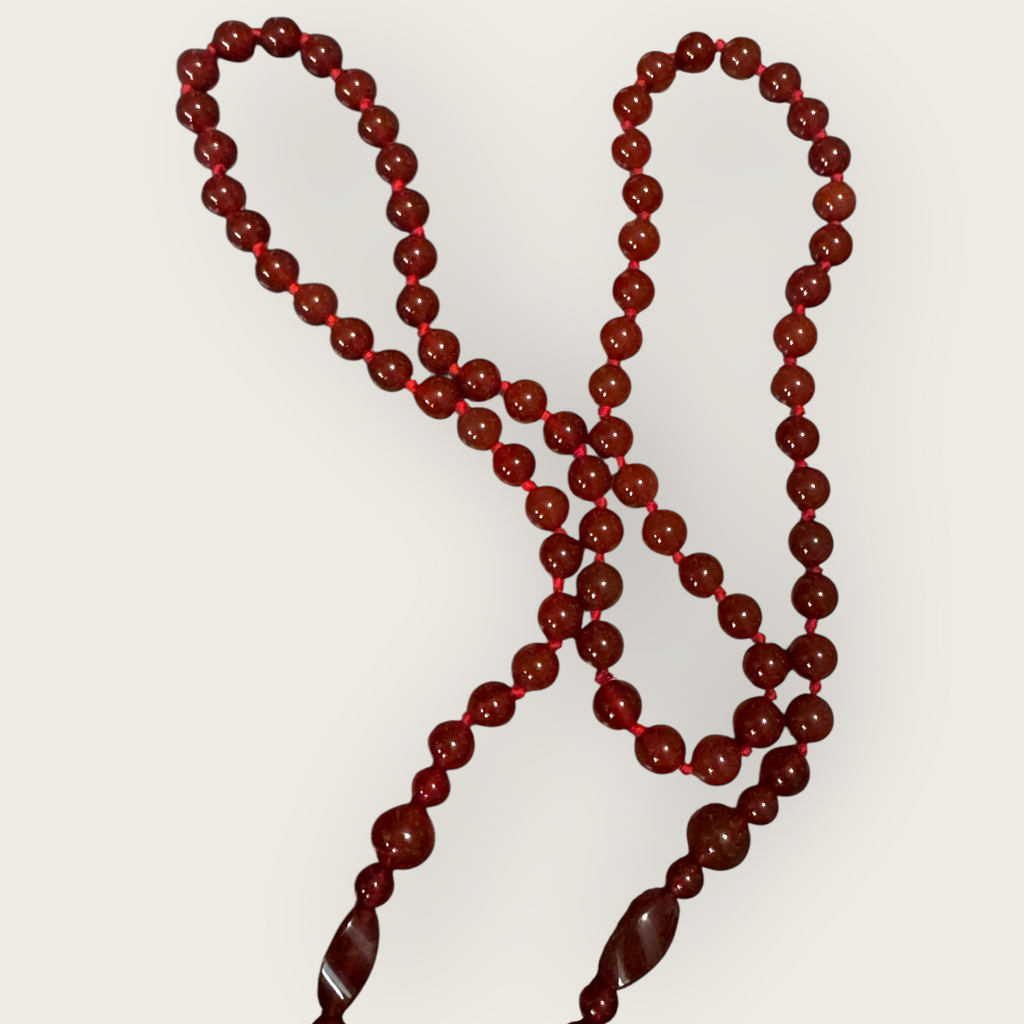 Vintage Carnelian Bi Disk Necklace – Hand-Knotted Gemstone Beads, 35” Long Statement Pendant