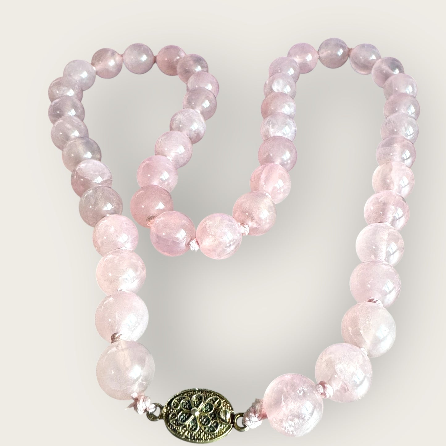 Vintage 12mm Rose Quartz Bead Necklace – 24 Inch Strand with Signed Silver Clasp