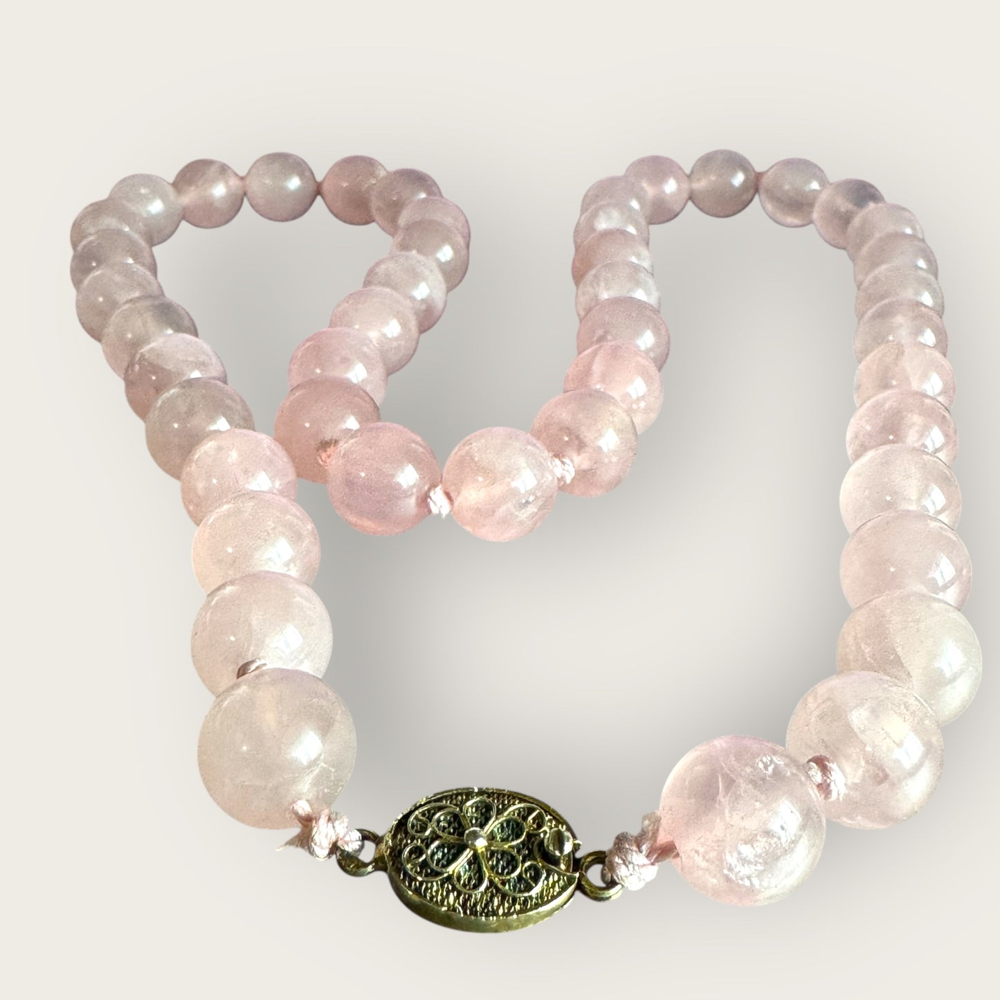 Vintage 12mm Rose Quartz Bead Necklace – 24 Inch Strand with Signed Silver Clasp