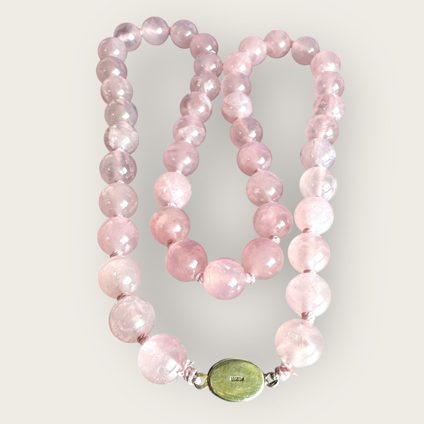 Vintage 12mm Rose Quartz Bead Necklace – 24 Inch Strand with Signed Silver Clasp
