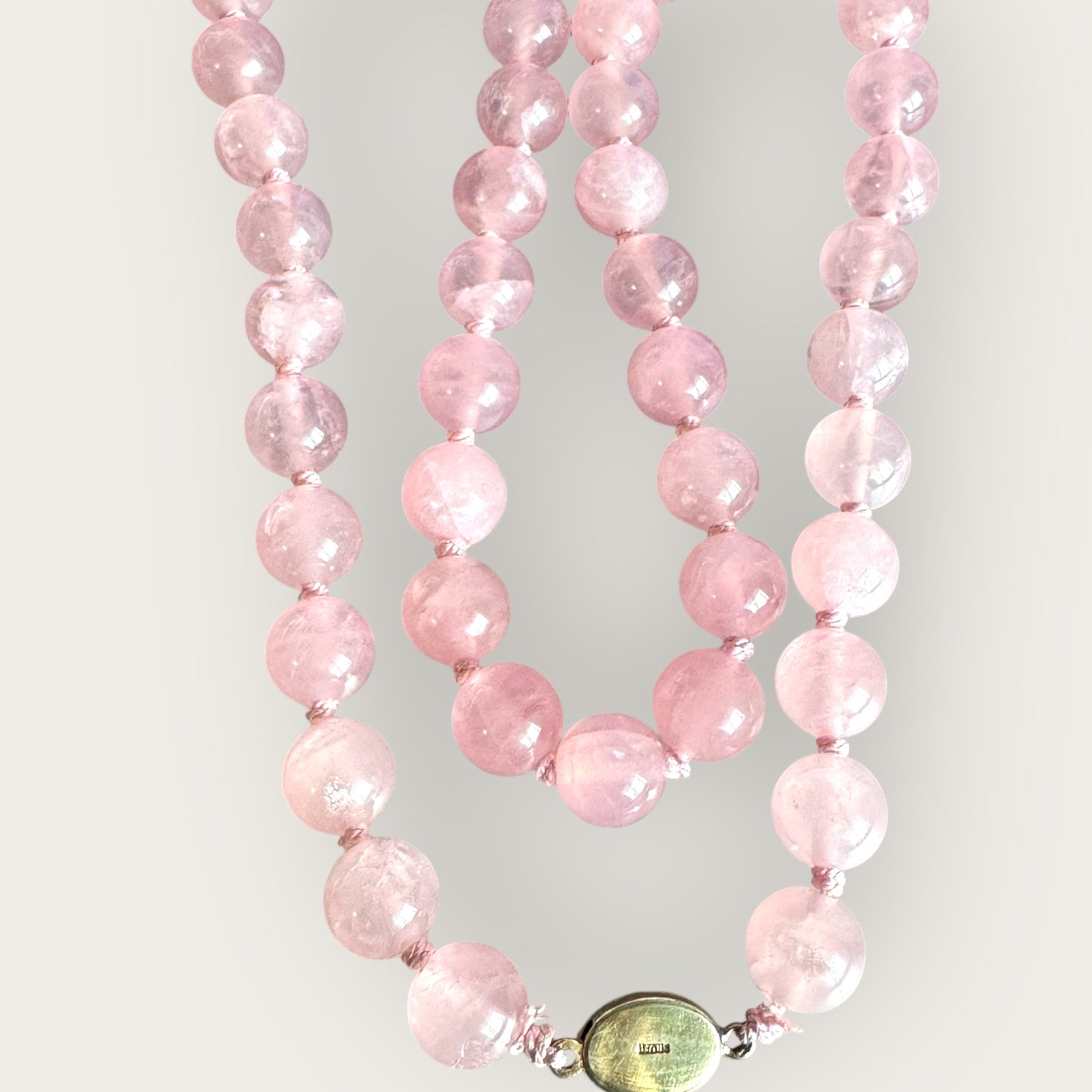 Vintage 12mm Rose Quartz Bead Necklace – 24 Inch Strand with Signed Silver Clasp