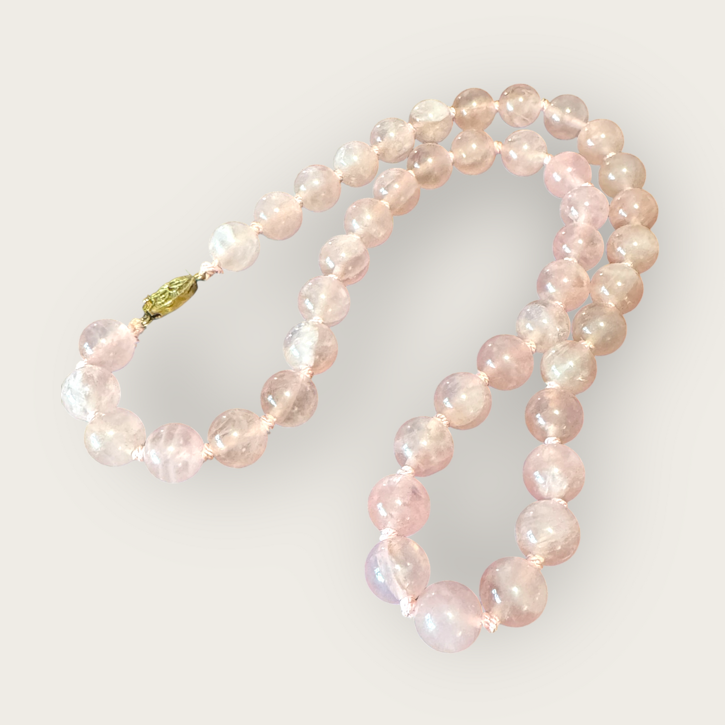 Vintage 12mm Rose Quartz Bead Necklace – 24 Inch Strand with Signed Silver Clasp