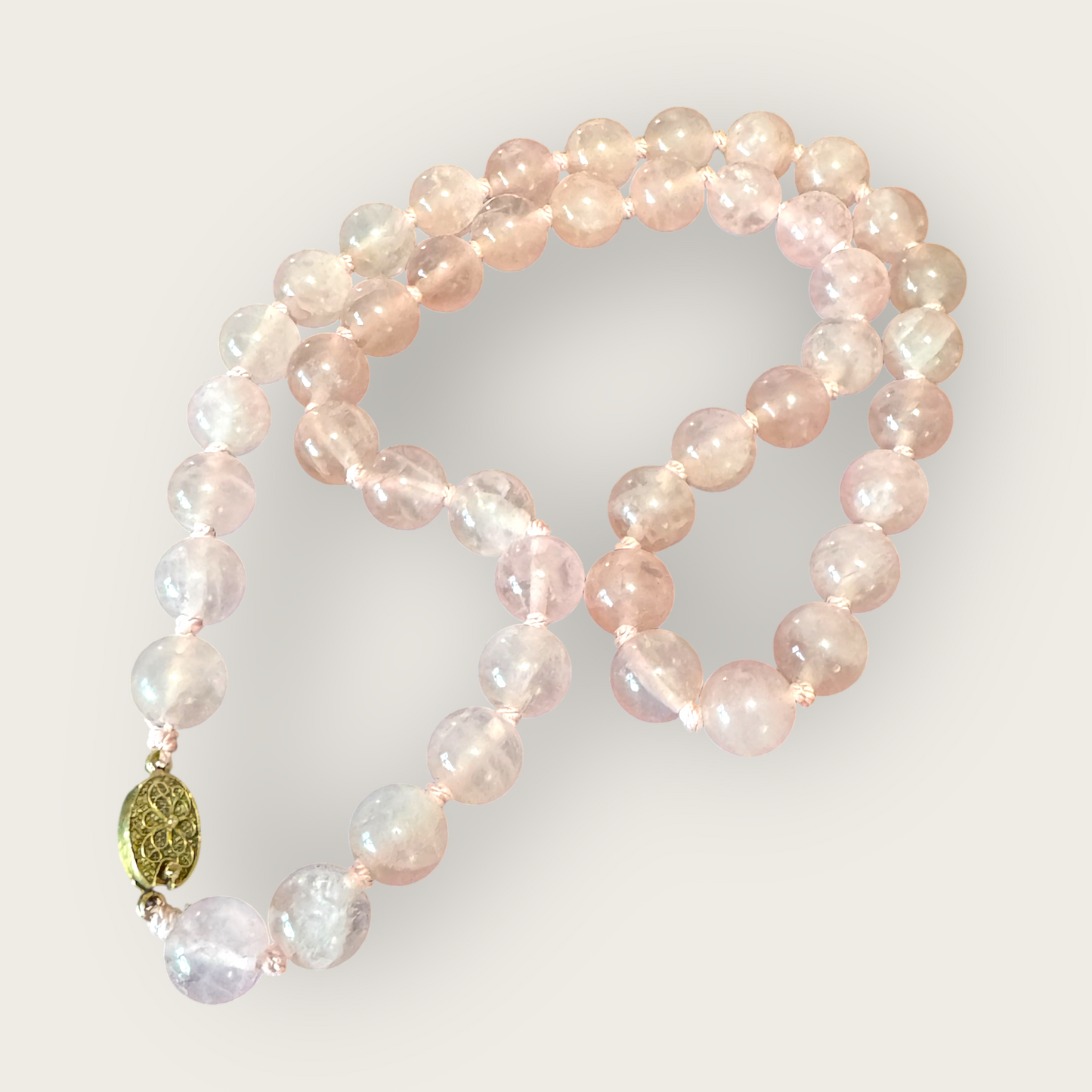 Vintage 12mm Rose Quartz Bead Necklace – 24 Inch Strand with Signed Silver Clasp