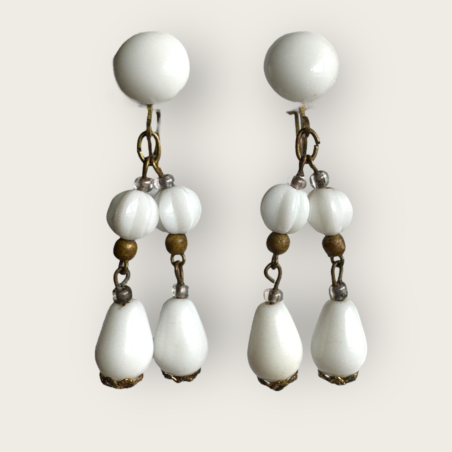 Vintage Germany Milk Glass Dangle Earrings – Two-Strand Clip-On, 1950s