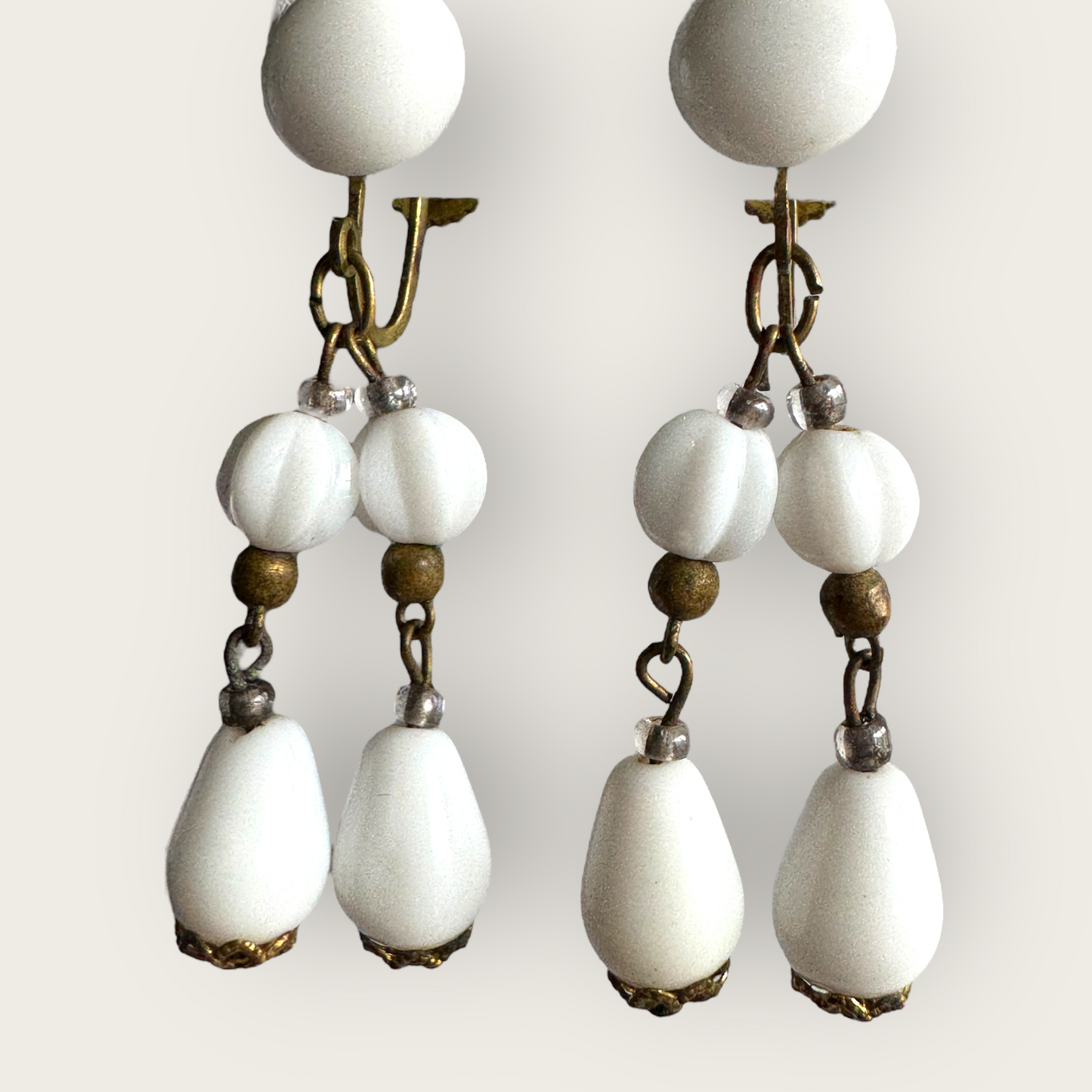 Vintage Germany Milk Glass Dangle Earrings – Two-Strand Clip-On, 1950s