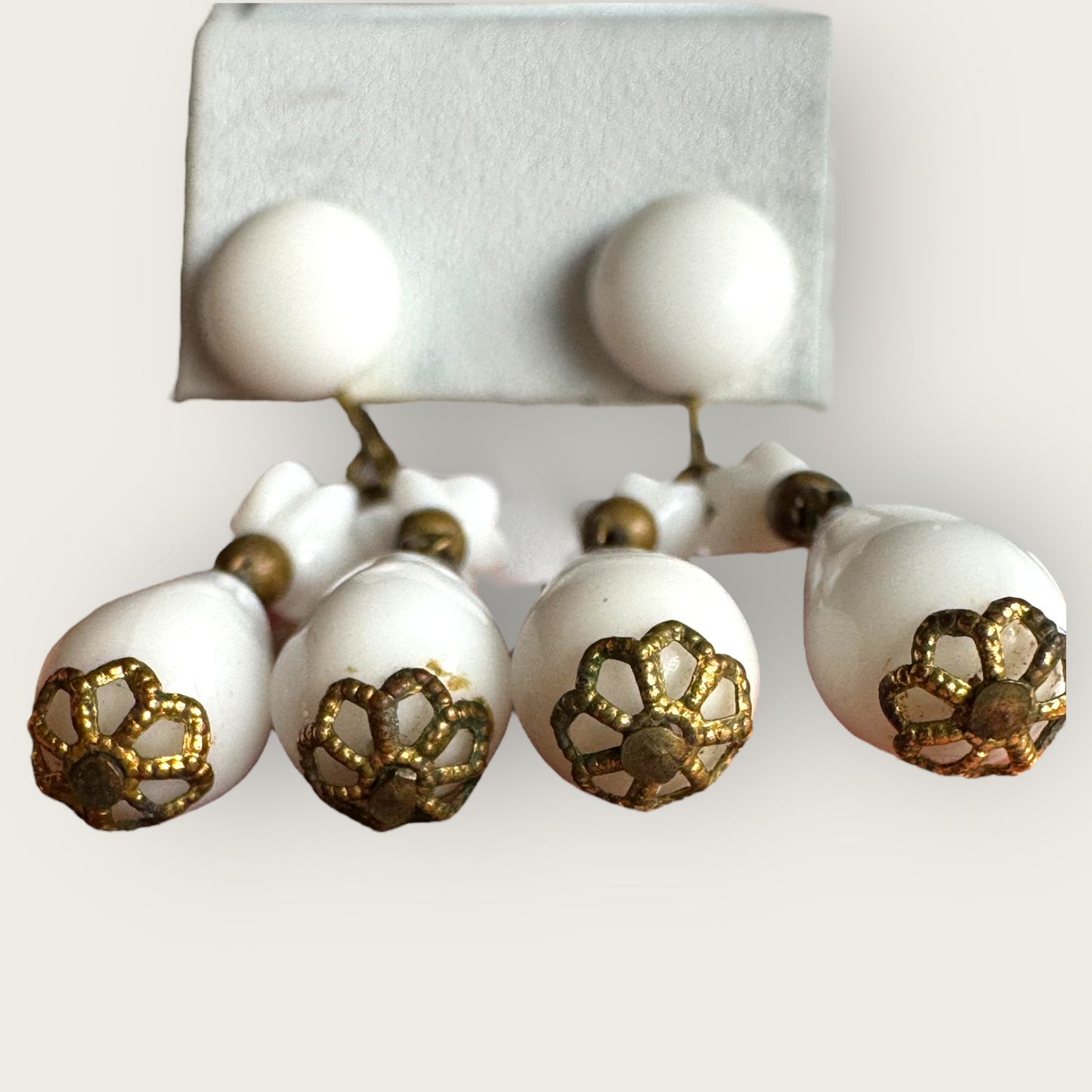Vintage Germany Milk Glass Dangle Earrings – Two-Strand Clip-On, 1950s