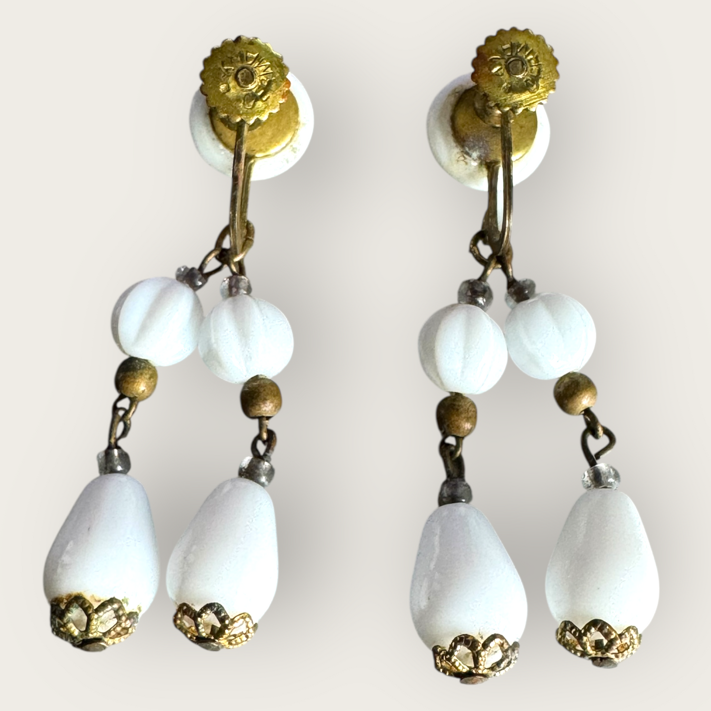 Vintage Germany Milk Glass Dangle Earrings – Two-Strand Clip-On, 1950s