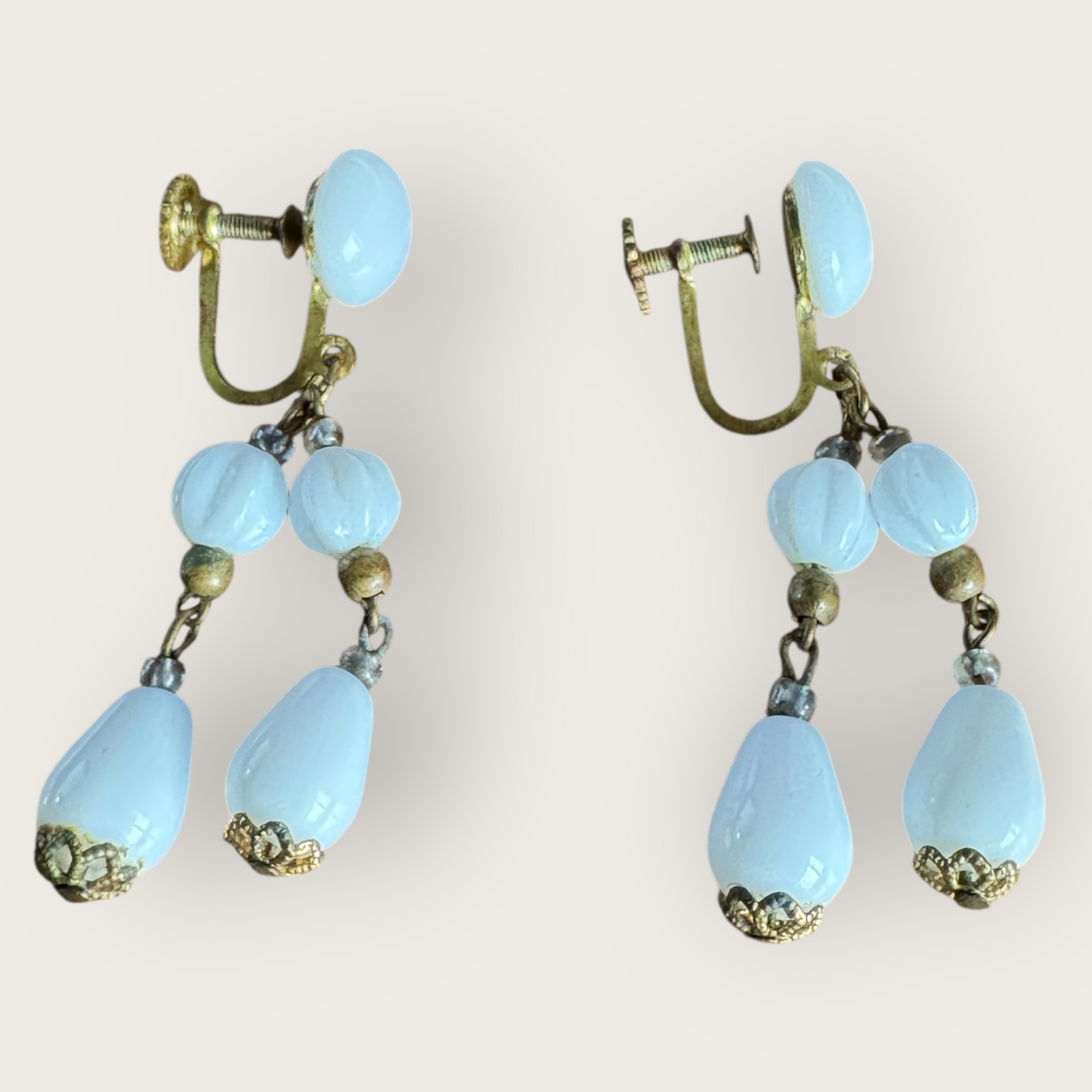 Vintage Germany Milk Glass Dangle Earrings – Two-Strand Clip-On, 1950s