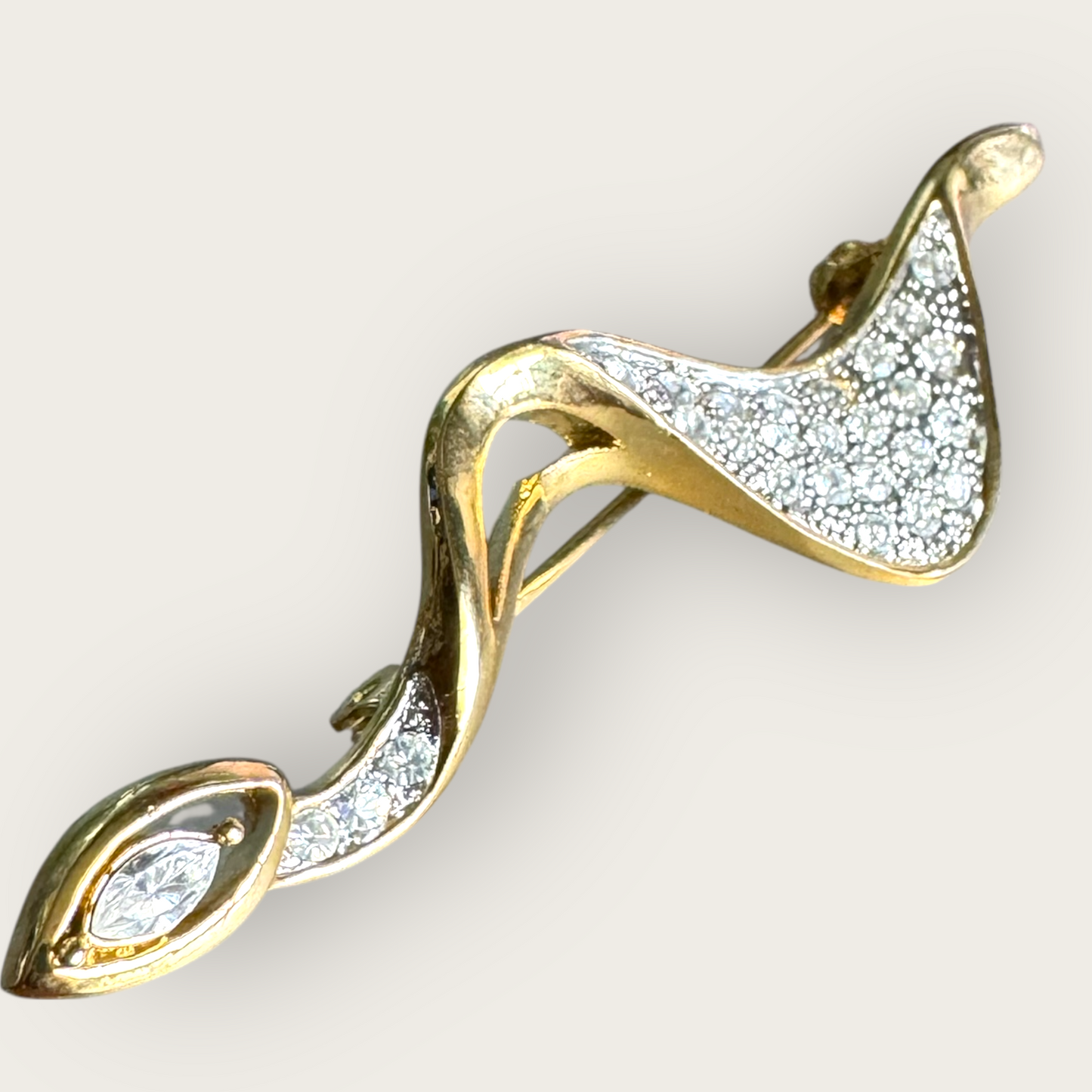 Vintage Gold-Tone Swirl Brooch with Marquise Rhinestone – 3 Inches