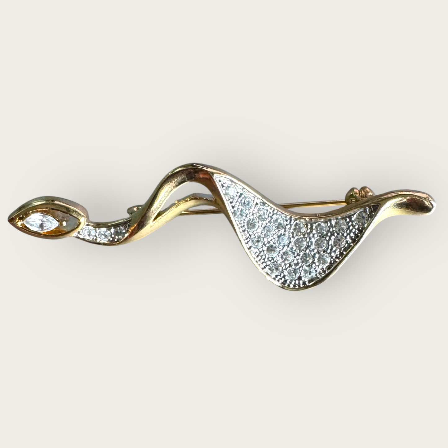 Vintage Gold-Tone Swirl Brooch with Marquise Rhinestone – 3 Inches