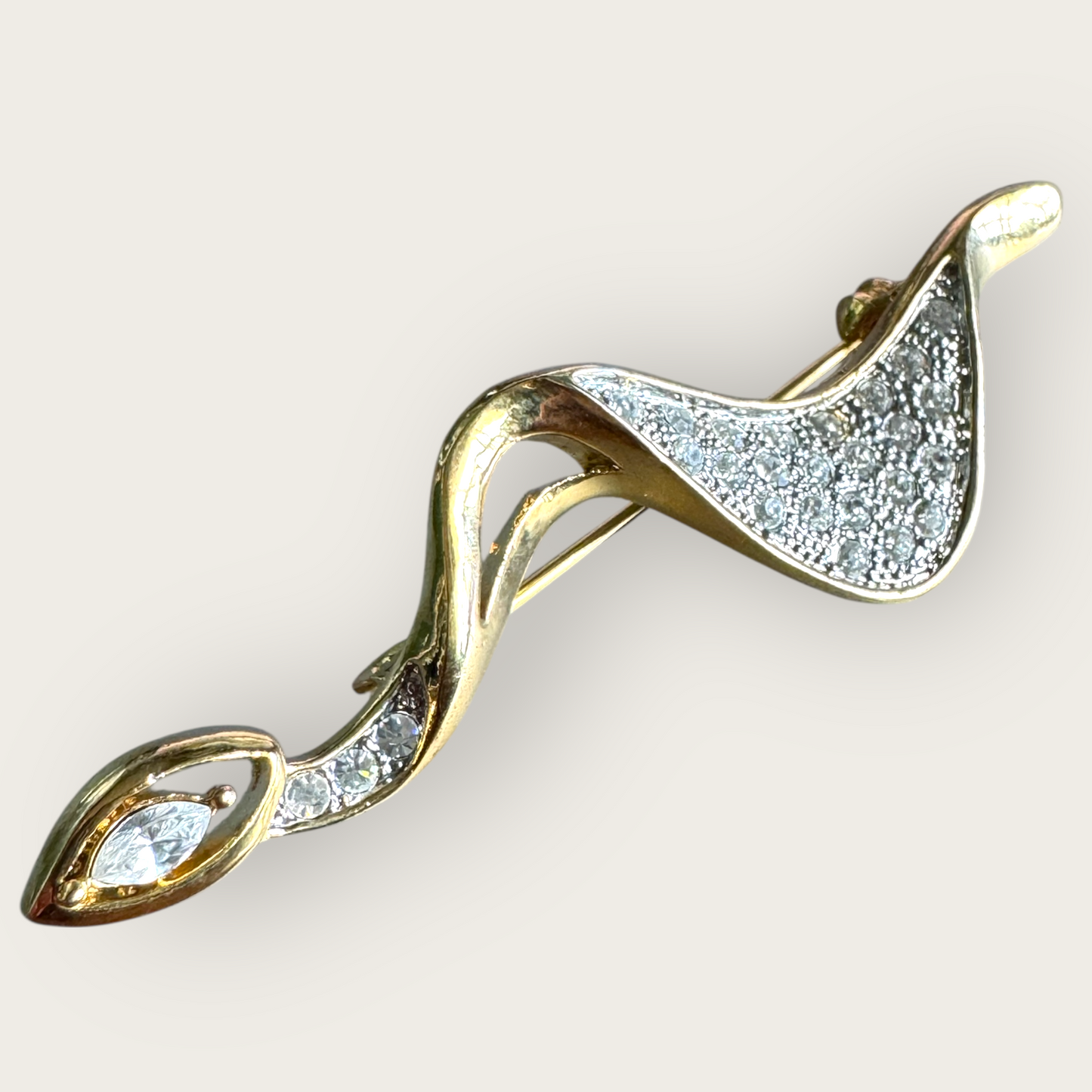 Vintage Gold-Tone Swirl Brooch with Marquise Rhinestone – 3 Inches