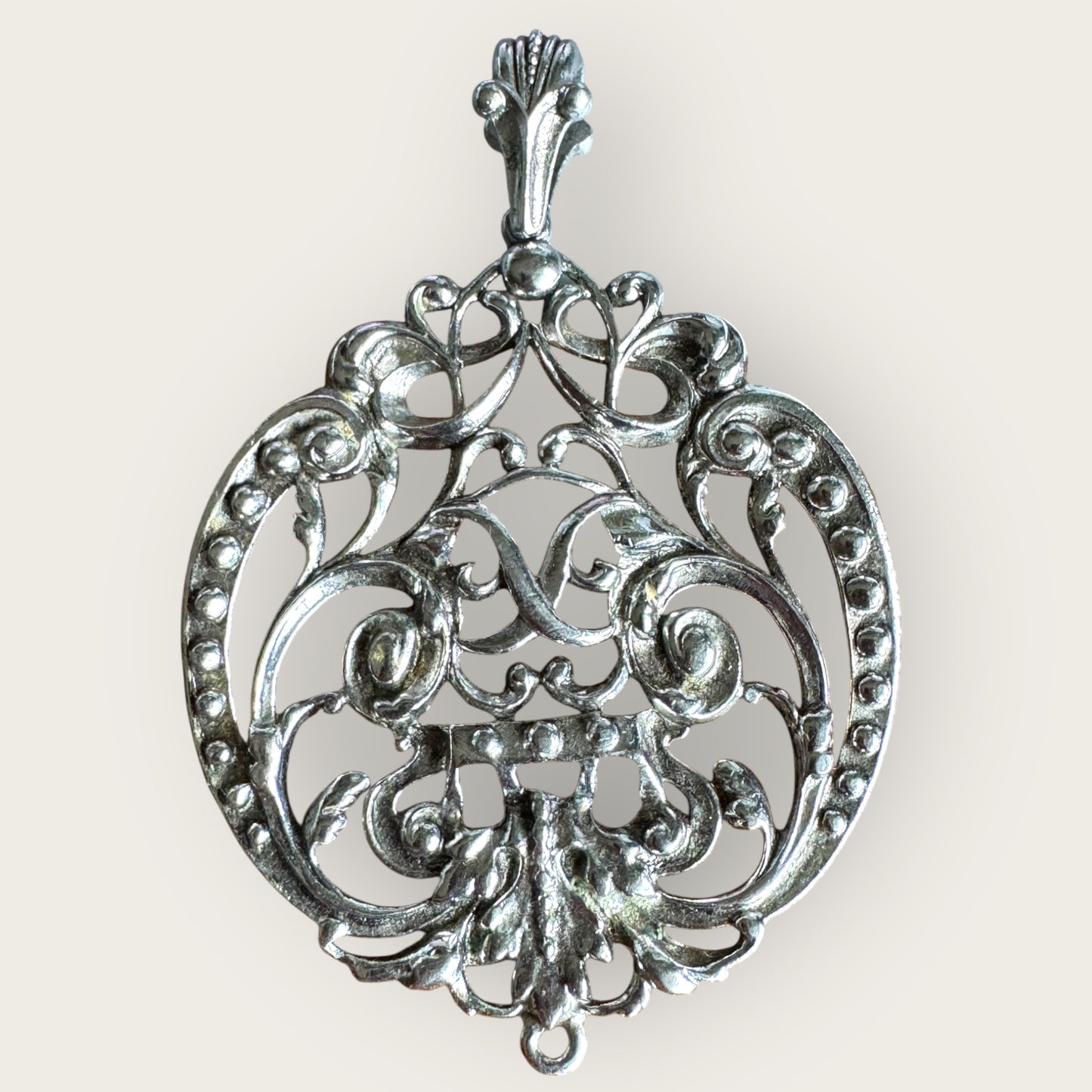 Vintage Signed Avon Baroque Revival Pendant – Bold Silver-Tone Filigree, 3.5” Statement Piece
