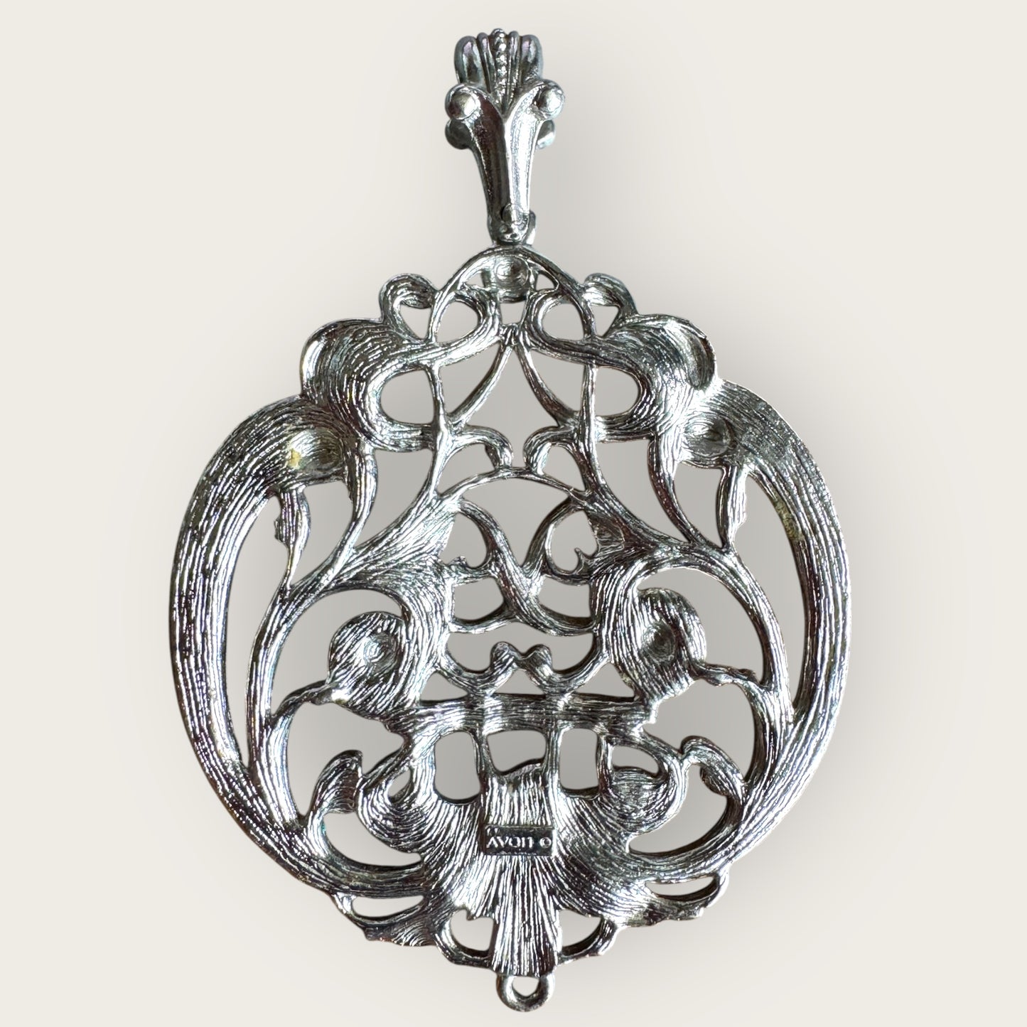 Vintage Signed Avon Baroque Revival Pendant – Bold Silver-Tone Filigree, 3.5” Statement Piece