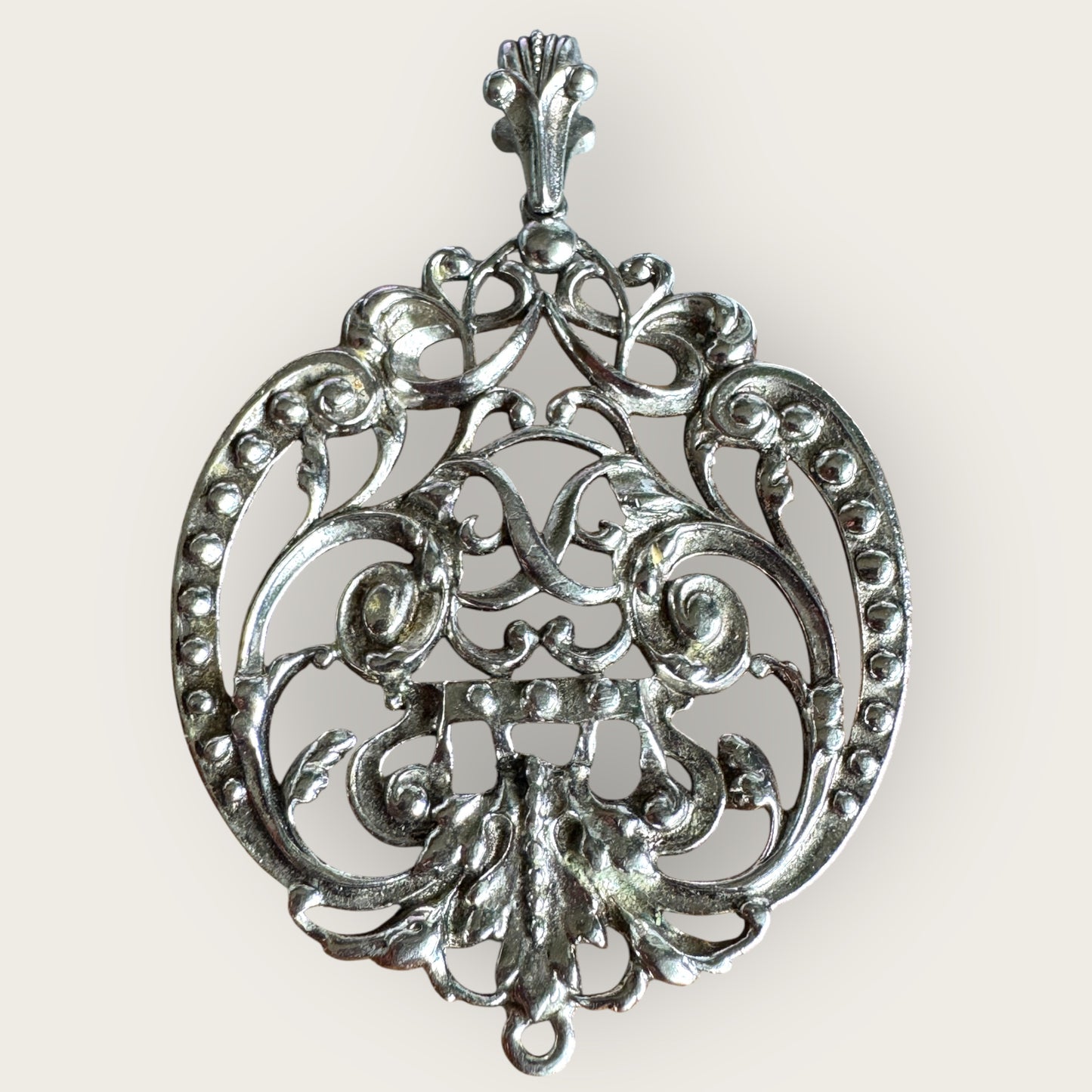 Vintage Signed Avon Baroque Revival Pendant – Bold Silver-Tone Filigree, 3.5” Statement Piece