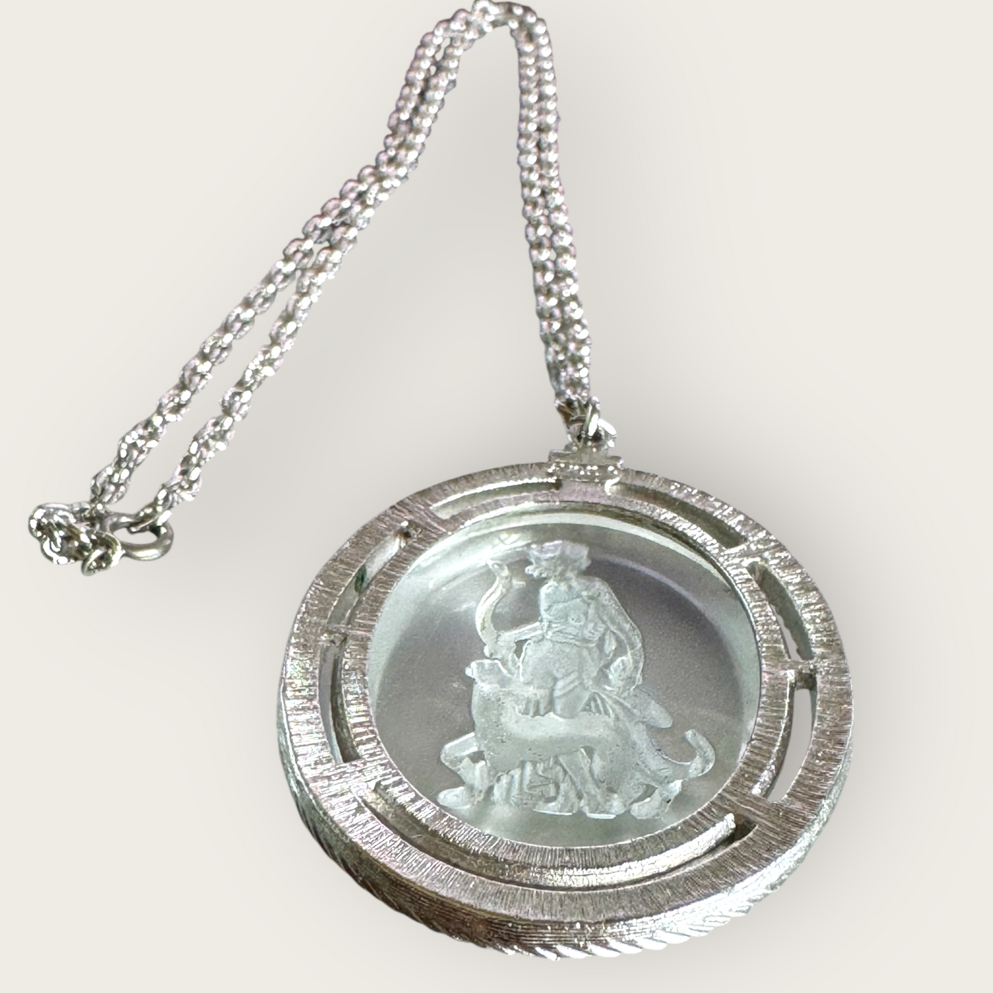 Vintage Avon Intaglio Glass Pendant Necklace – Huntress & Panther, Silver-Tone, 1970s