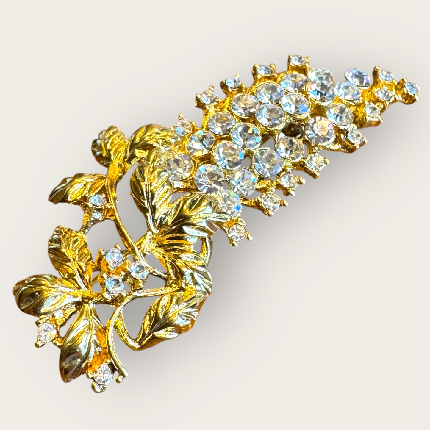 Vintage Gold-Tone Grapevine Brooch with Clear Crystal Clusters