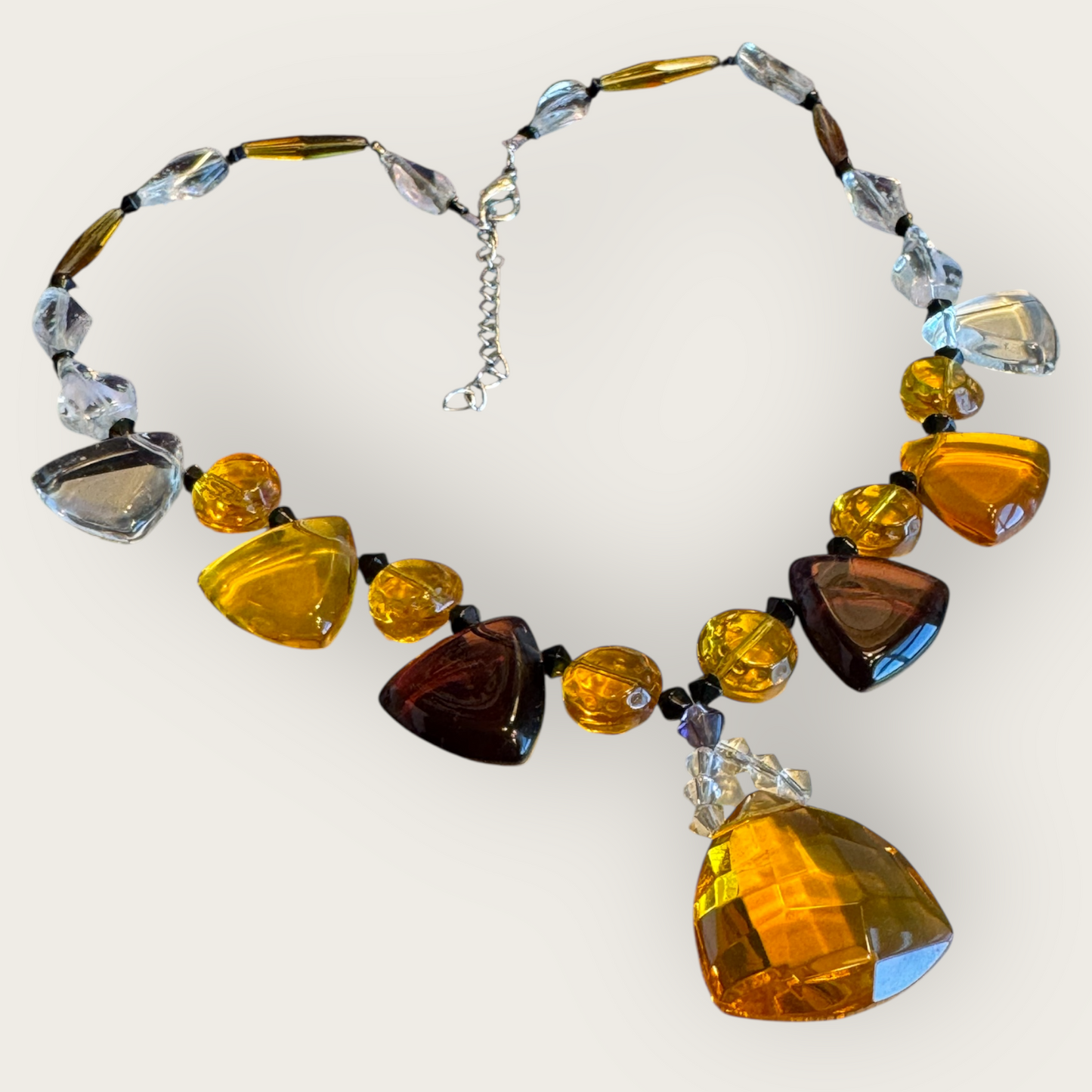 Vintage Geometric Glass Statement Necklace in Amber, Amethyst & Clear – Faceted Drop Pendant