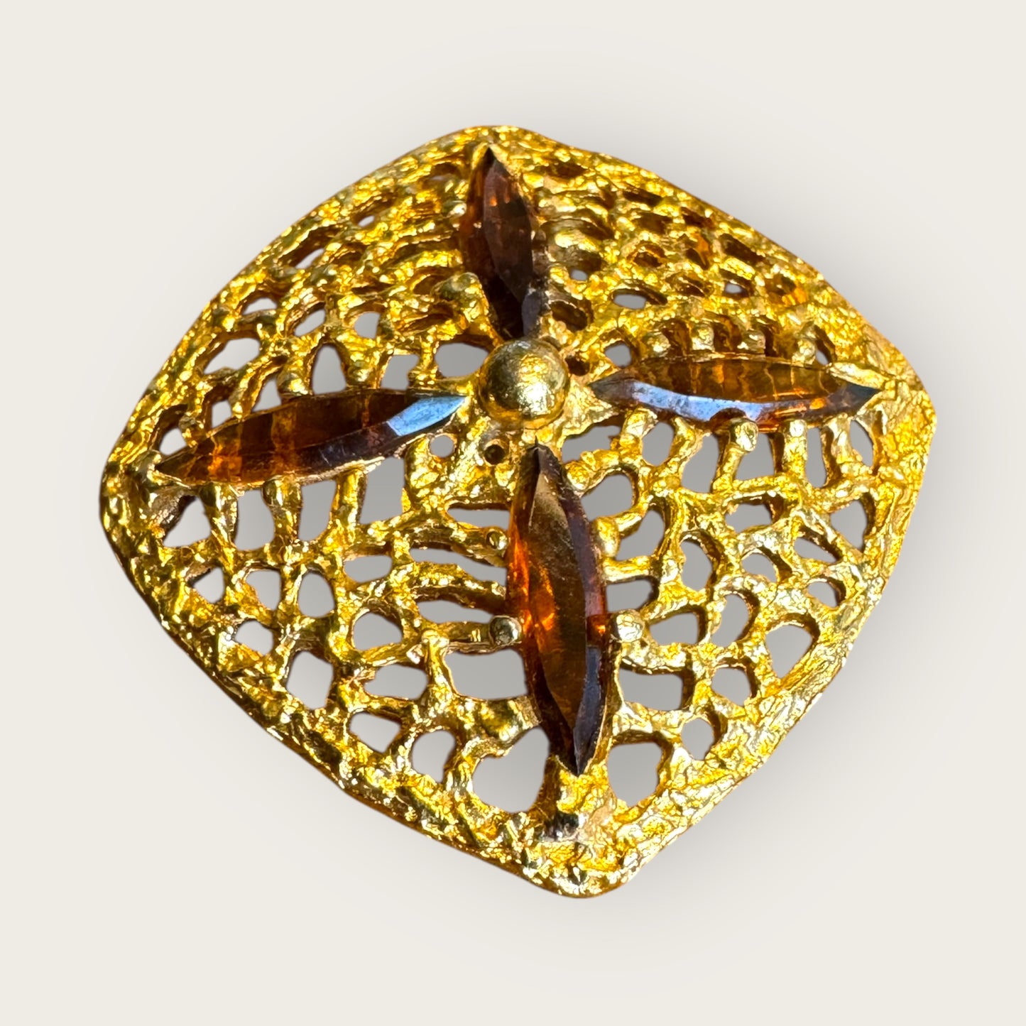 Vintage H P Inc. Brown Navette Rhinestone Filigree Gold-Tone Brooch – 1960s–1970s Statement Jewelry