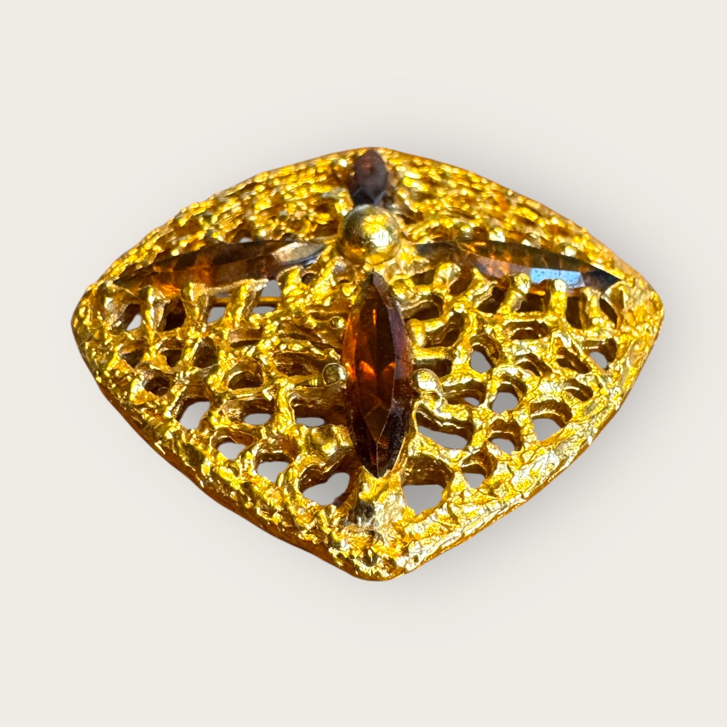 Vintage H P Inc. Brown Navette Rhinestone Filigree Gold-Tone Brooch – 1960s–1970s Statement Jewelry