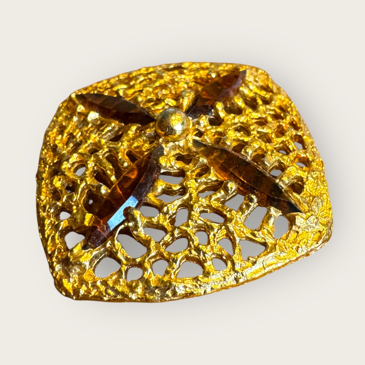 Vintage H P Inc. Brown Navette Rhinestone Filigree Gold-Tone Brooch – 1960s–1970s Statement Jewelry