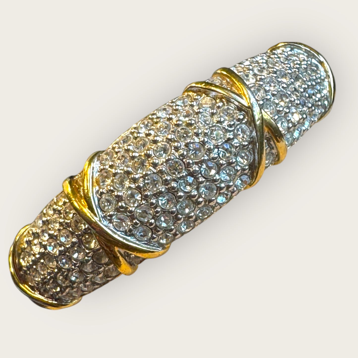 Vintage Pavé Crystal & Gold-Tone Hinged Bangle Bracelet – Unsigned Designer Quality