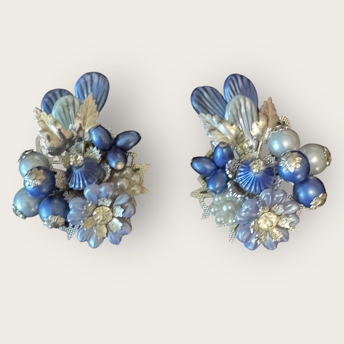 Signed Beau Jewels Vintage Blue Floral Cluster Clip-On Earrings – Mid-Century Statement Jewelry