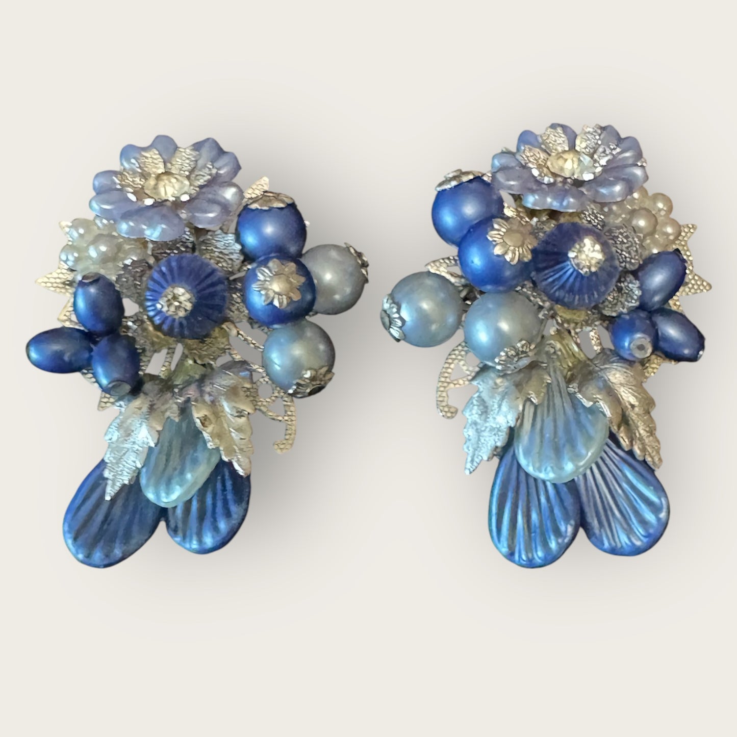 Signed Beau Jewels Vintage Blue Floral Cluster Clip-On Earrings – Mid-Century Statement Jewelry